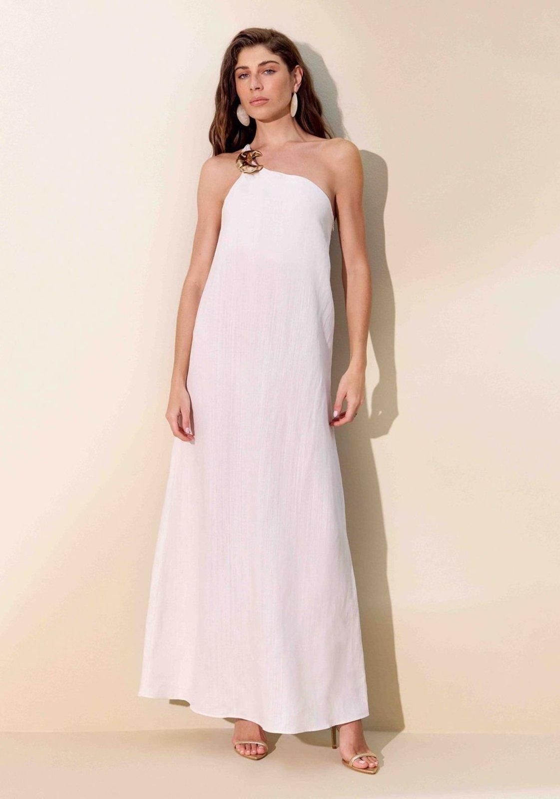 Vestido Super Midi Ombro Único Com Linho Lança Perfume