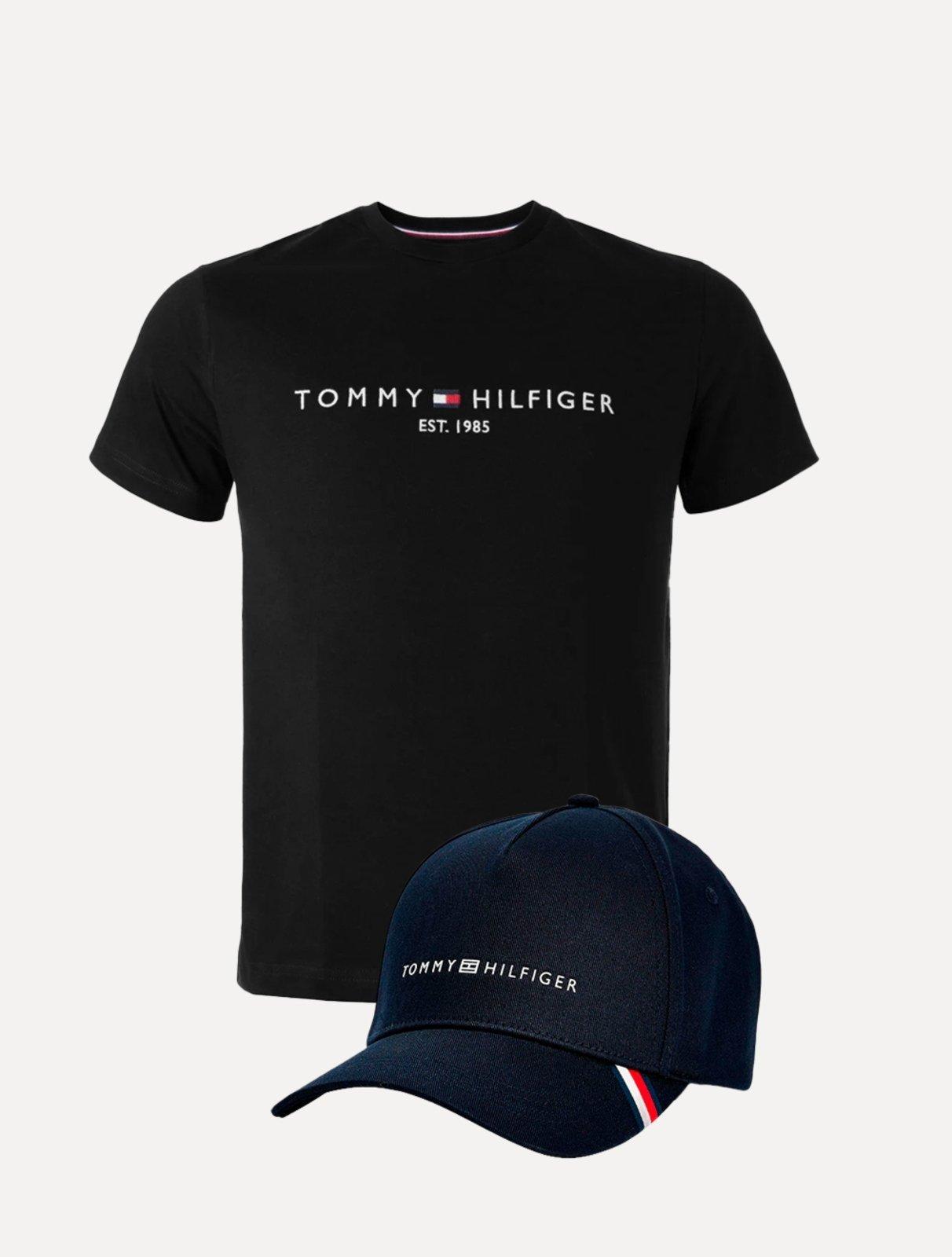 Kit Tommy Hilfiger Camiseta Masculina Core Logo Tee Preta e Boné Uptown Cap Marinho