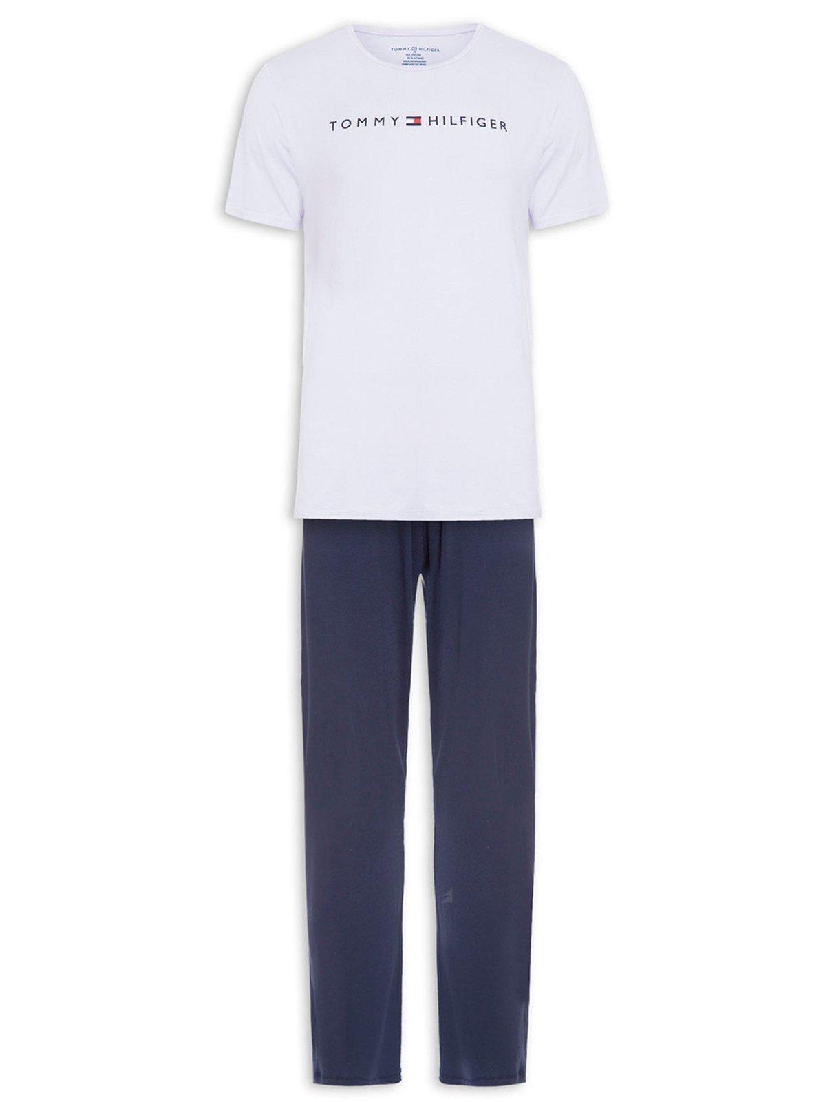 Pijama Tommy Hilfiger Masculino Manga Curta Calça Essentials Set Branco/Marinho
