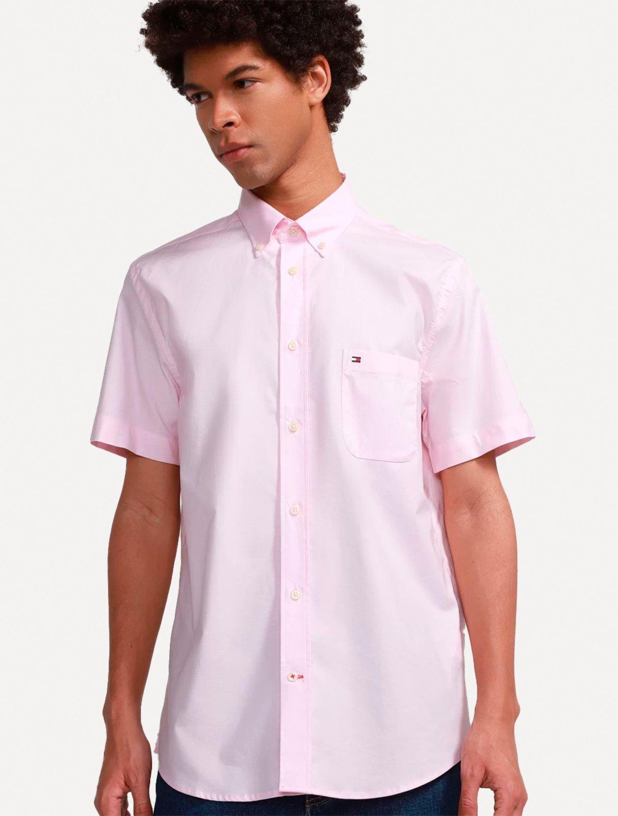Camisa Tommy Hilfiger Masculina Manga Curta Regular Pocket Poplin Rosa Claro