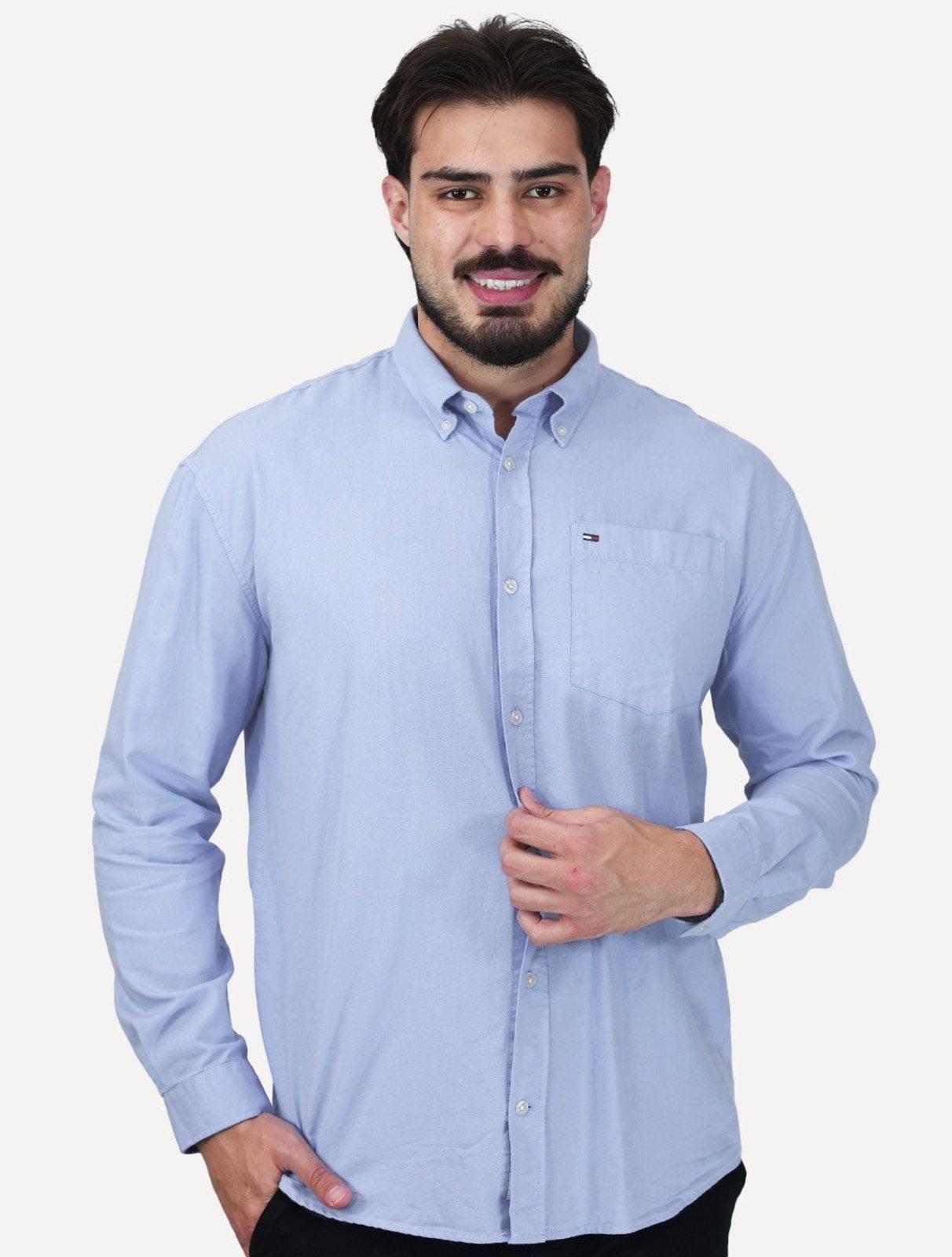 Camisa Tommy Jeans Masculina Relaxed Oxford Pocket Azul