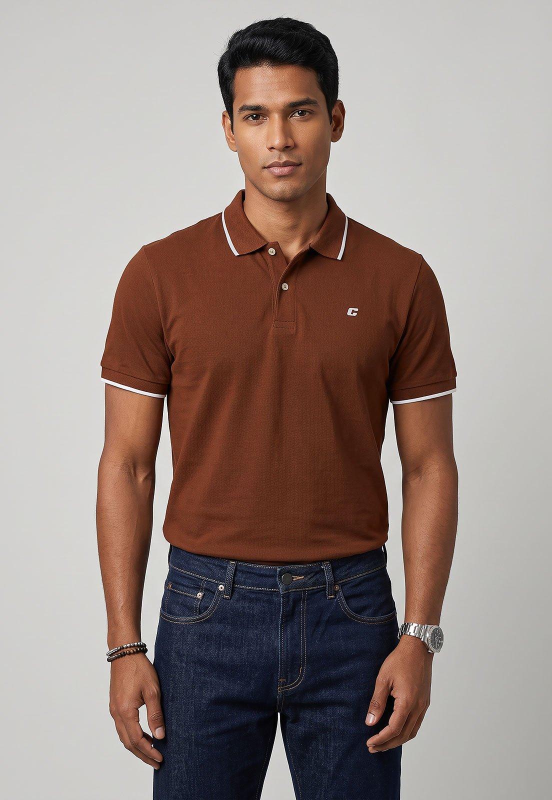 Polo Masculina Colcci Gola Contrastante Marrom