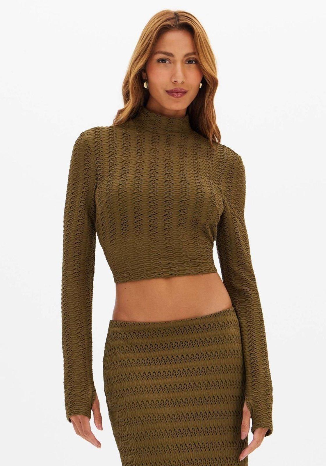 Blusa Cropped Malha Texturizada Manga Longa Lança Perfume