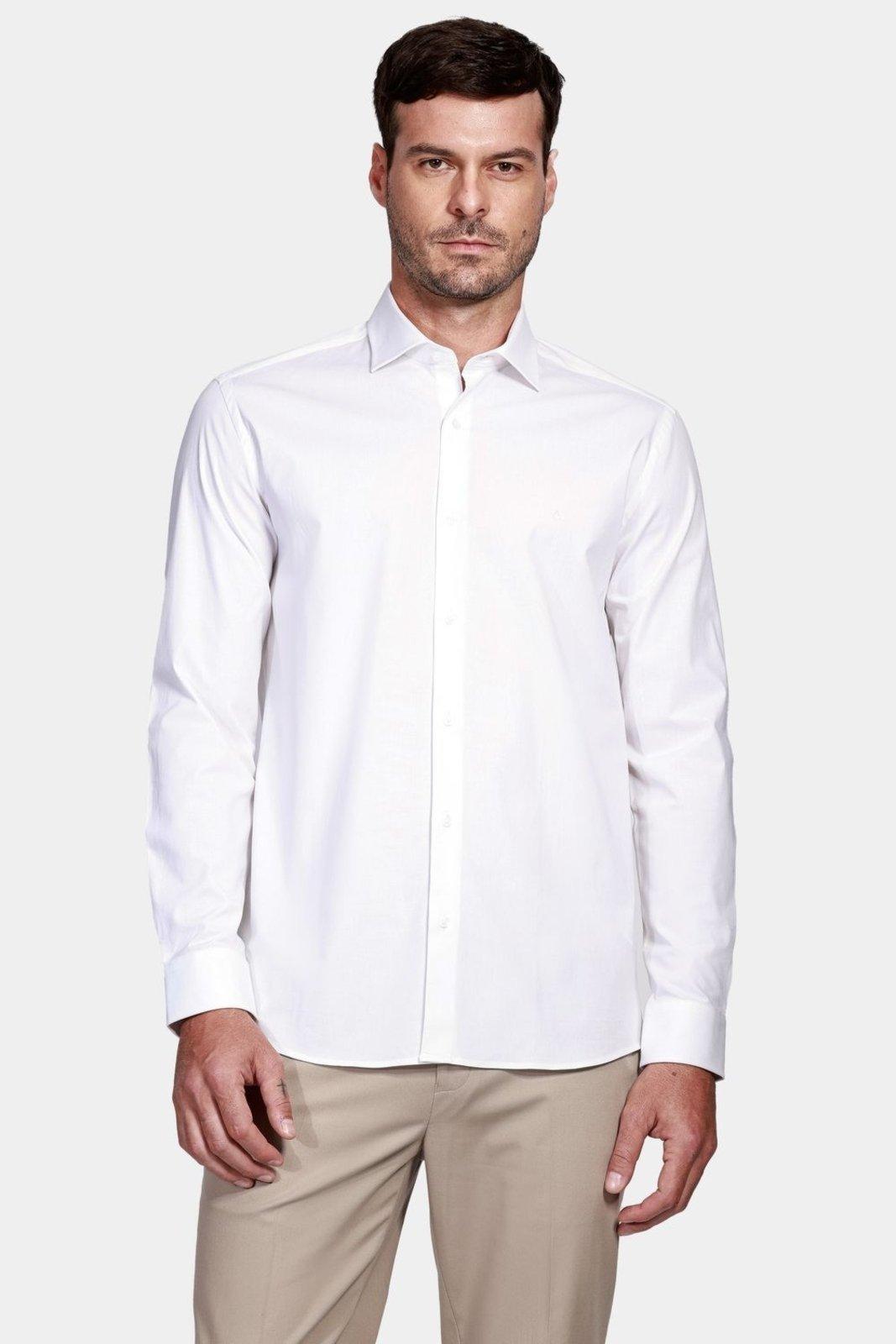 Camisa Manga Longa Cosmo Slim em Tricoline Stretch Liso Branco - P