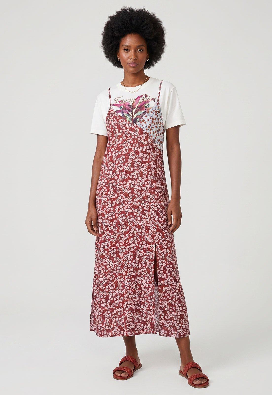 Vestido FARM Manga Curta Midi T-Shirt Estampado Bananeira Vinho