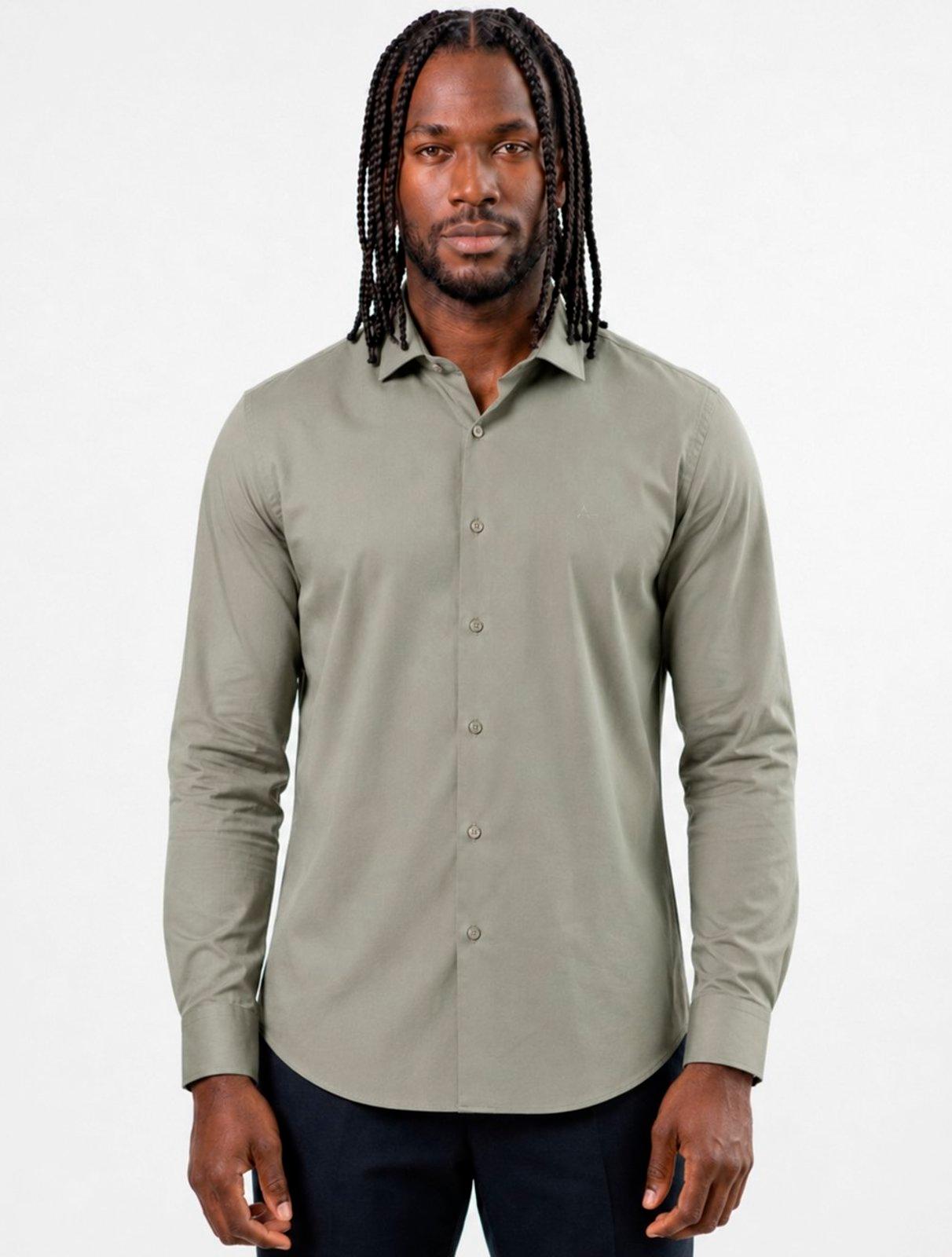 Camisa Aramis Masculina Slim Tricoline Liso Stretch Cáqui Escuro