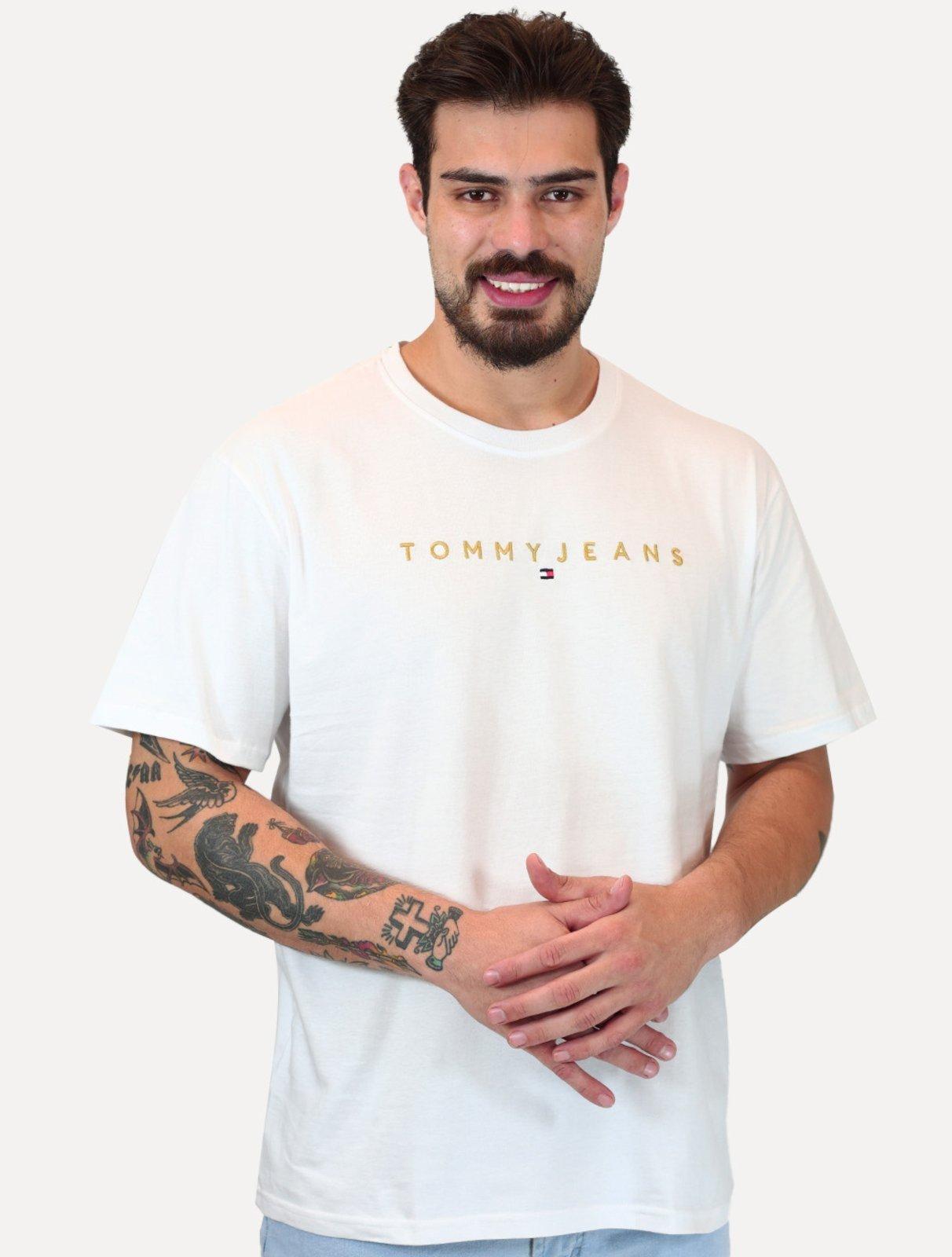 Camiseta Tommy Jeans Masculina Core Linear Gold Logo Branca