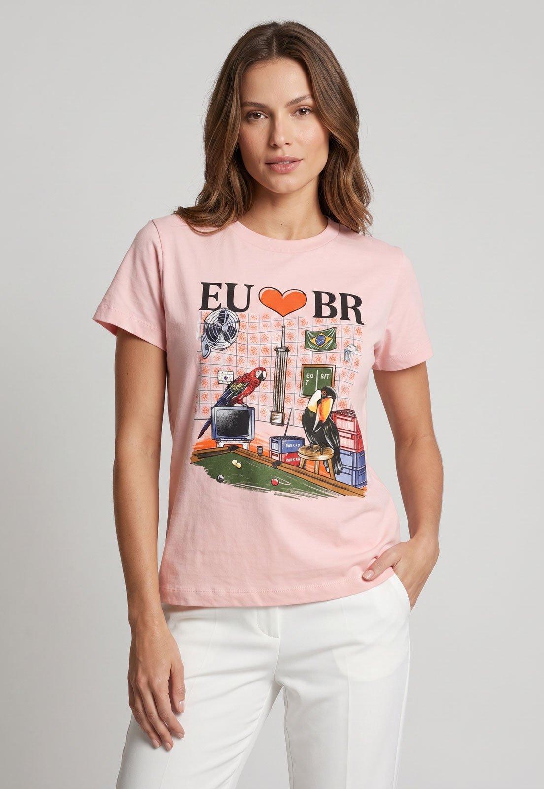 Camiseta Feminina FARM Eu Amo Brasil Rosa