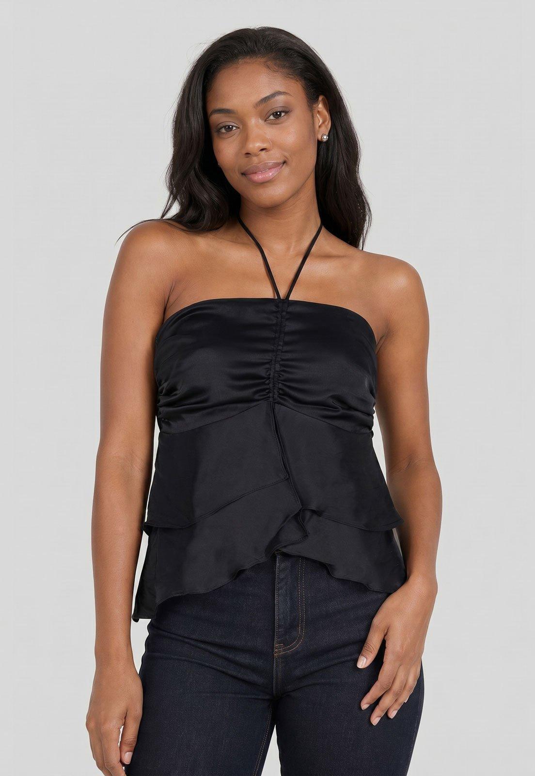Blusa Feminina FARM Babados Acetinada Preta