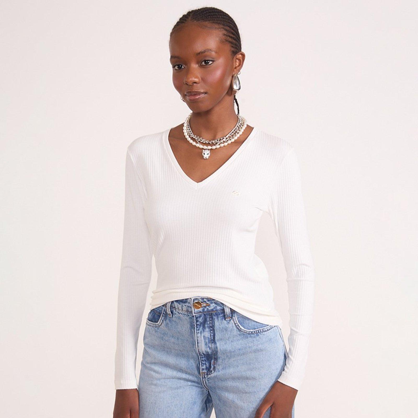 Blusa Canelado Colcci Gola V In26 Off White Feminino