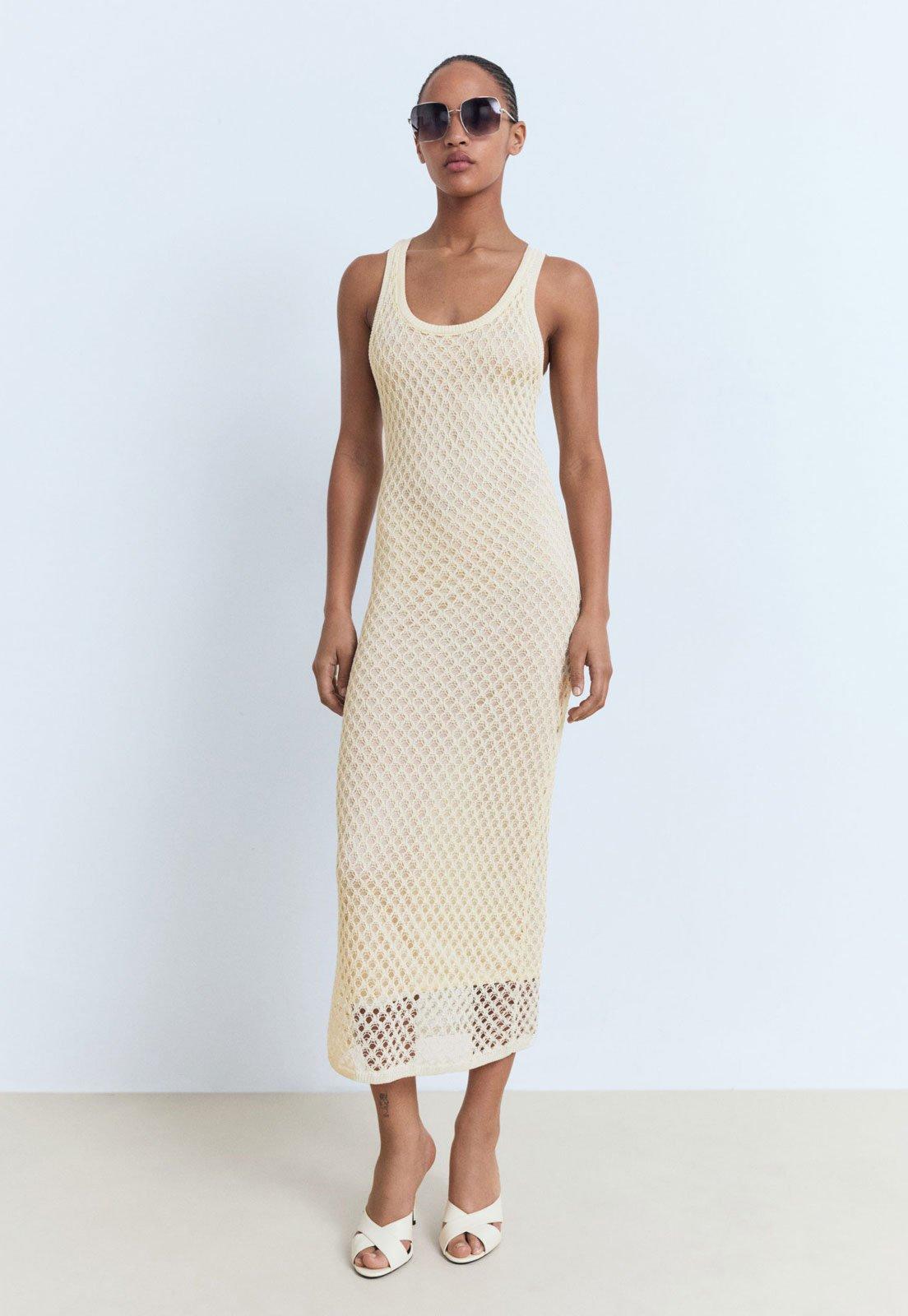 Vestido Feminino Mango Juancho Midi Tricô Vazado Bege