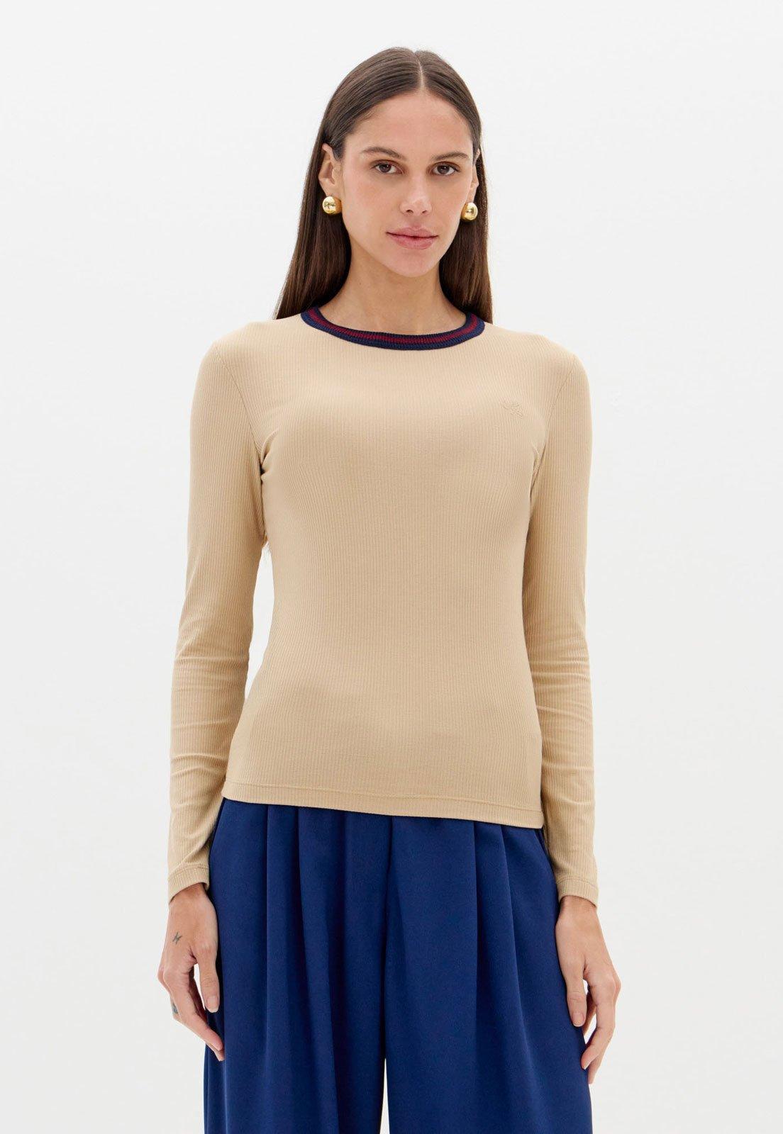 Blusa Feminina Lança Perfume Gola Bicolor Bege