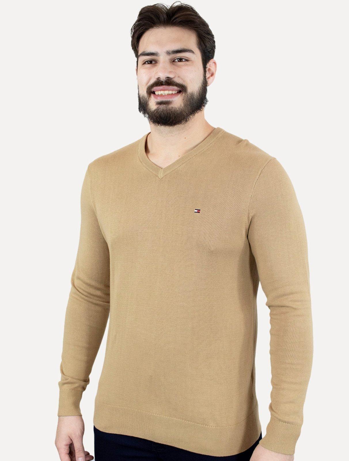 Suéter Tommy Hilfiger Masculino Signature V-Neck Cáqui