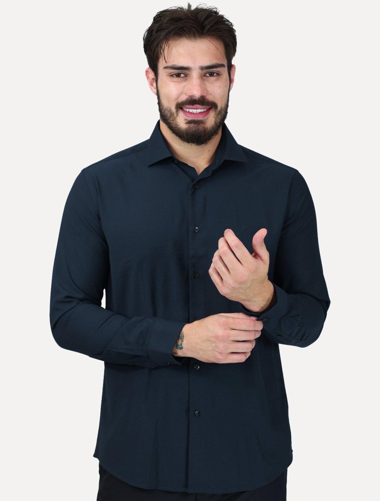 Camisa Aramis Masculina Slim Stretch Poliviscose de Bambu Azul Marinho