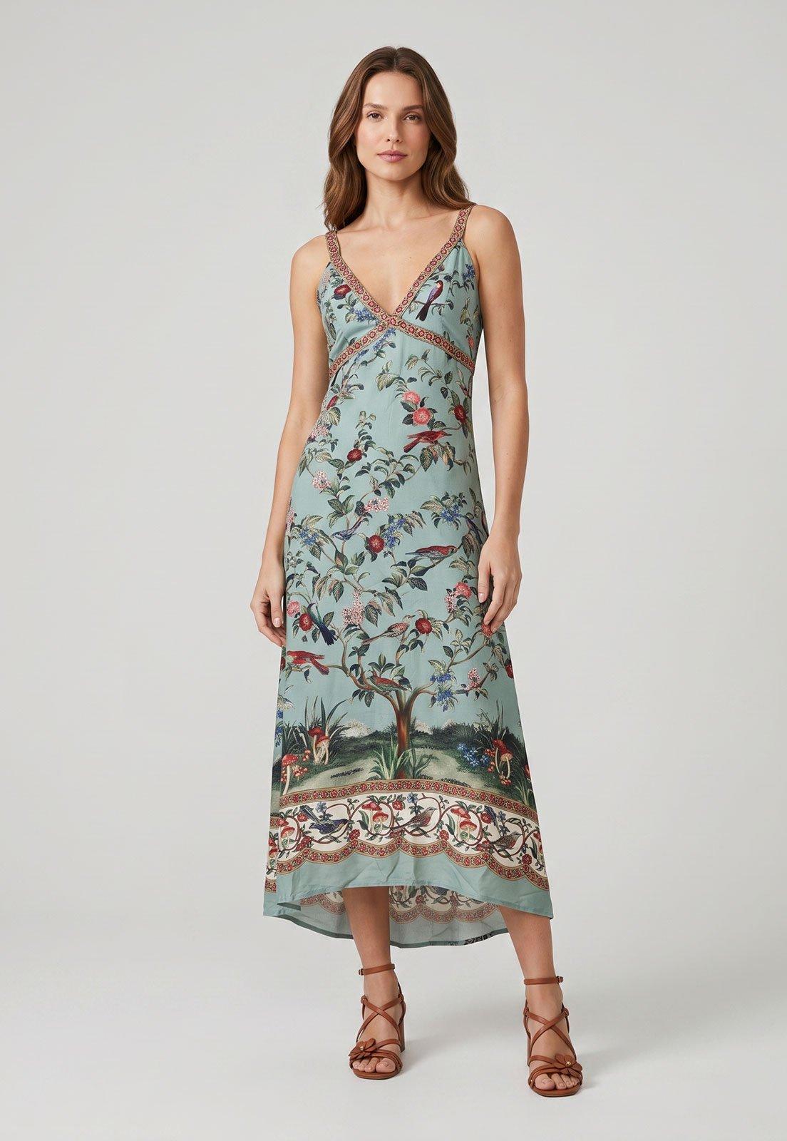 Vestido Feminino FARM Alças Finas Estampado Floral Azul