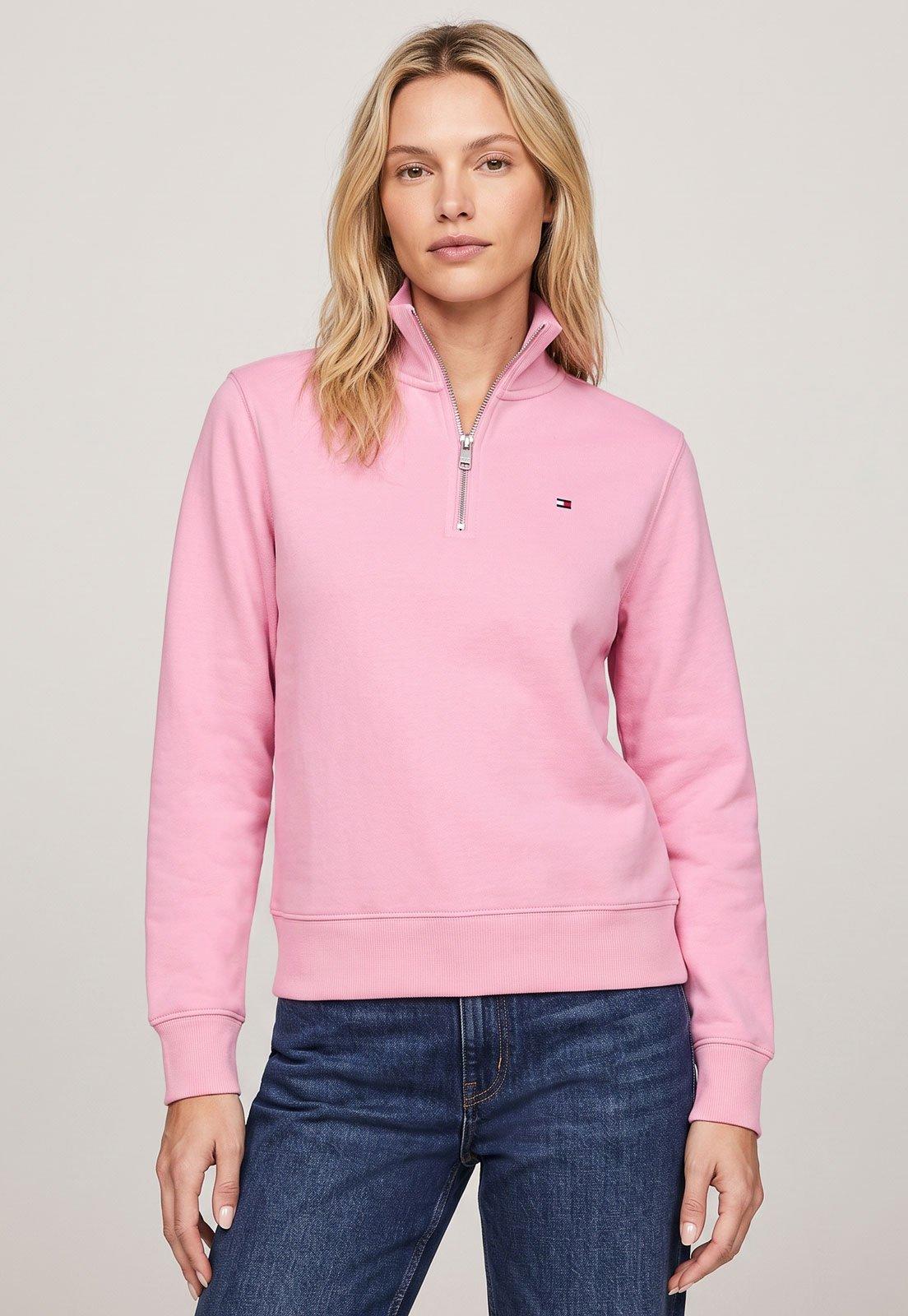 Blusa de Moletom Feminina Tommy Hilfiger Gola Alta Zíper Rosa