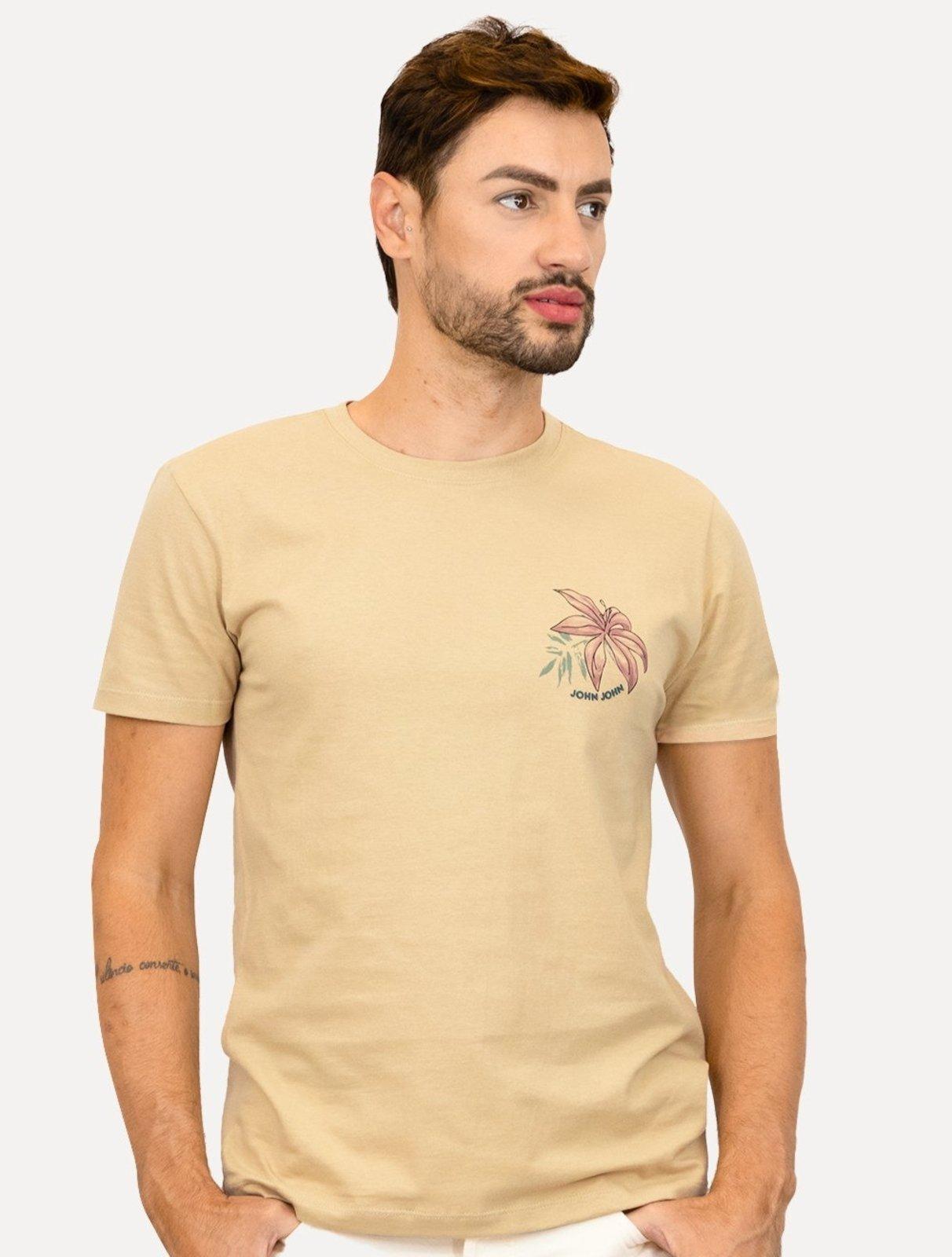 Camiseta John John Masculina Slim Island Flower Caqui Médio