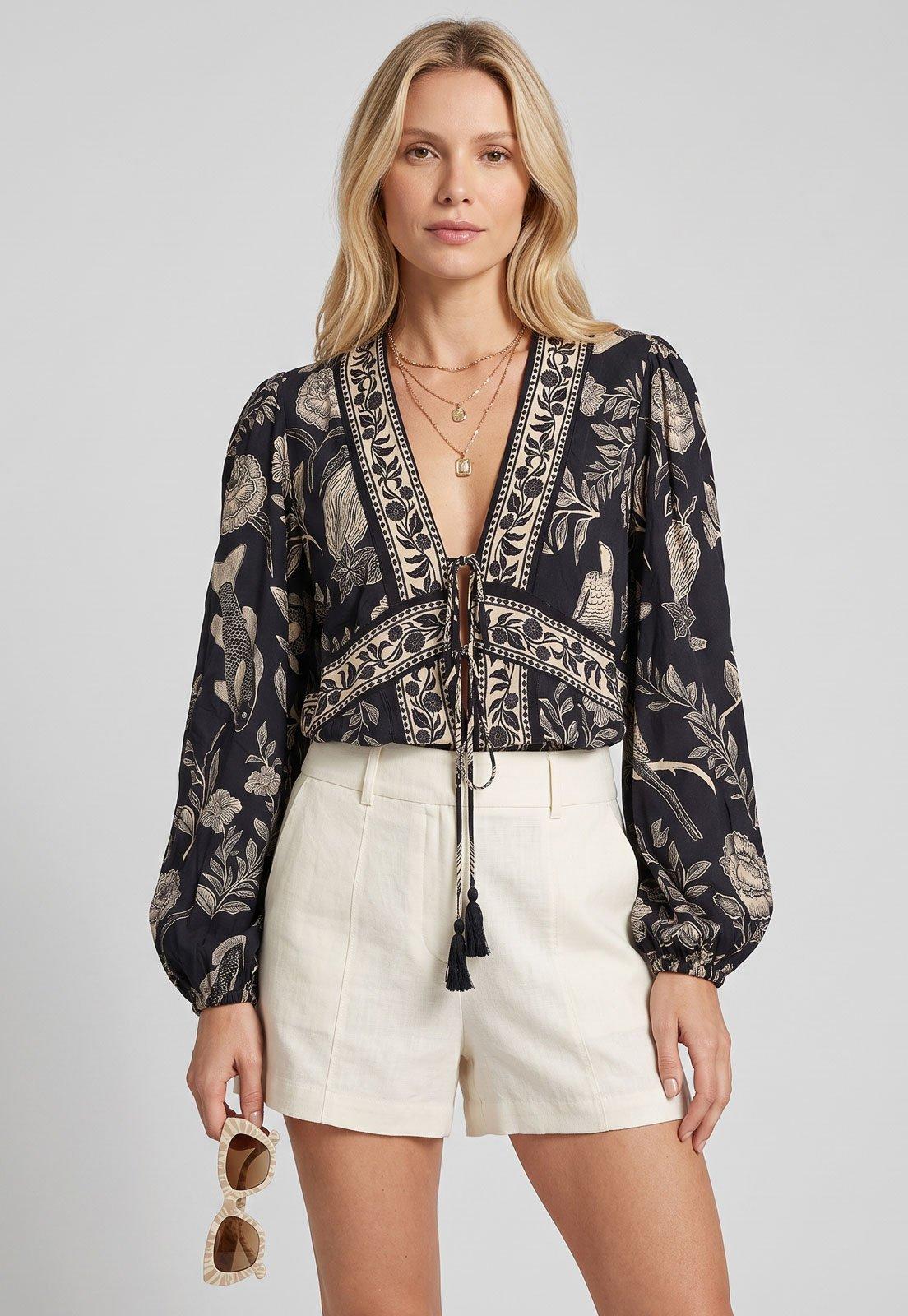 Blusa Feminina FARM Estampada Manga Longa Preta