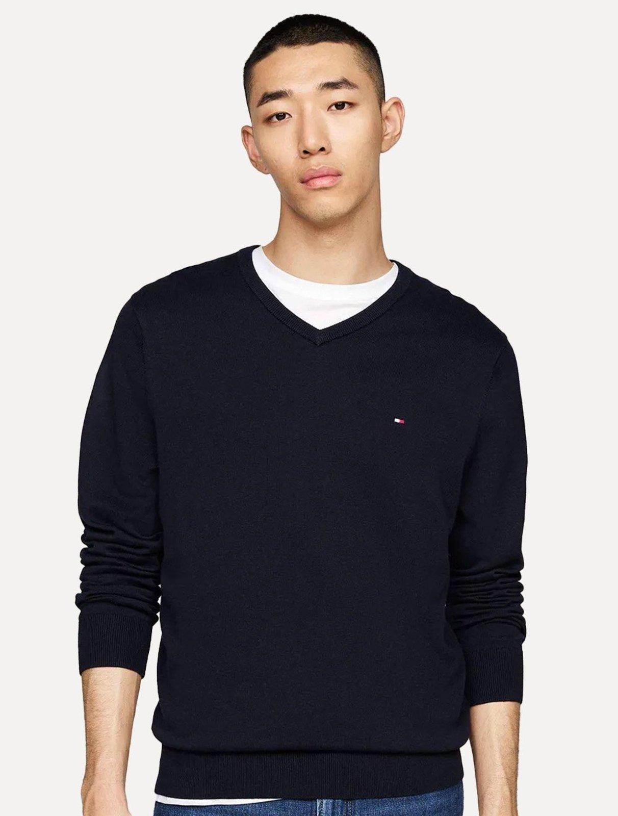 Suéter Tommy Hilfiger Masculino Essential Cotton V-Neck Azul Marinho