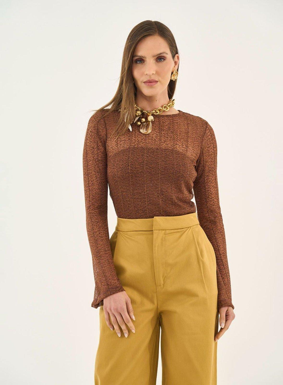 Blusa Comfort Manga Longa Com Transparência Colcci Marrom Carvalho