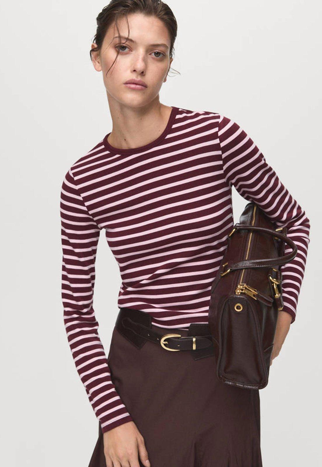 Camiseta Feminina Mango Manga Longa Listrada Bordô
