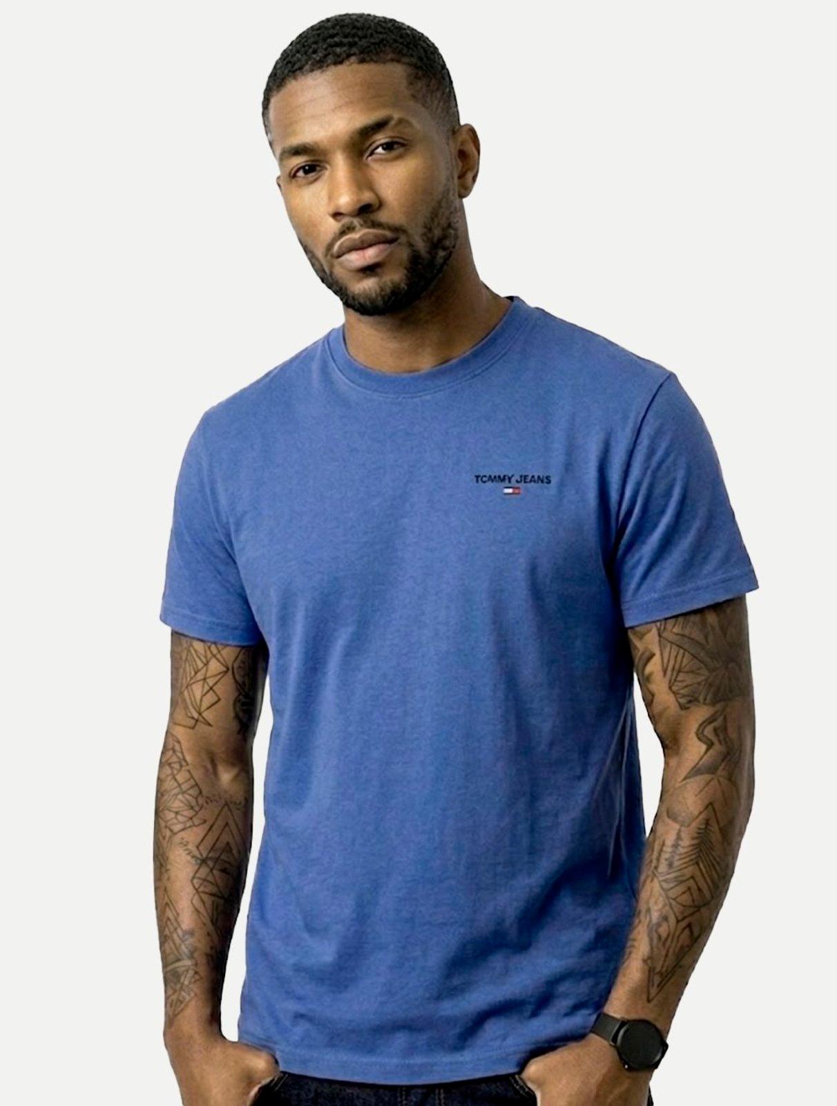 Camiseta Tommy Jeans Masculina Slim Linear Chest Azul Médio