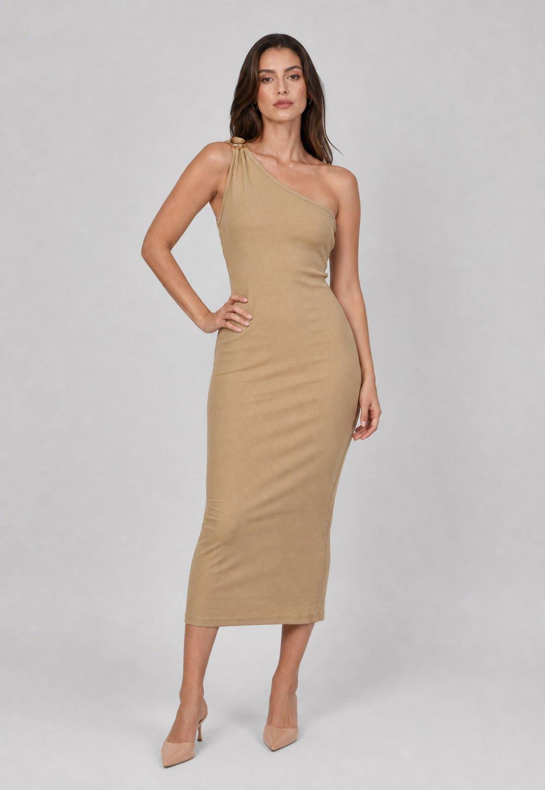 Vestido Midi Feminino Lança Perfume Ombro Único Bege