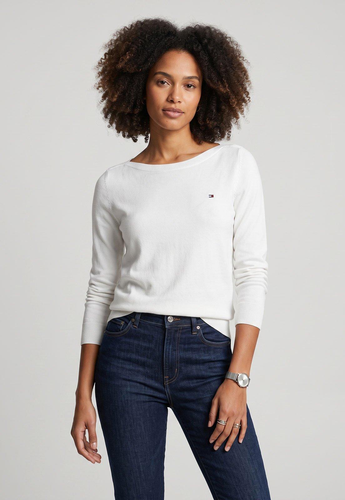 Suéter Feminino Tommy Hilfiger Decote Canoa Branco