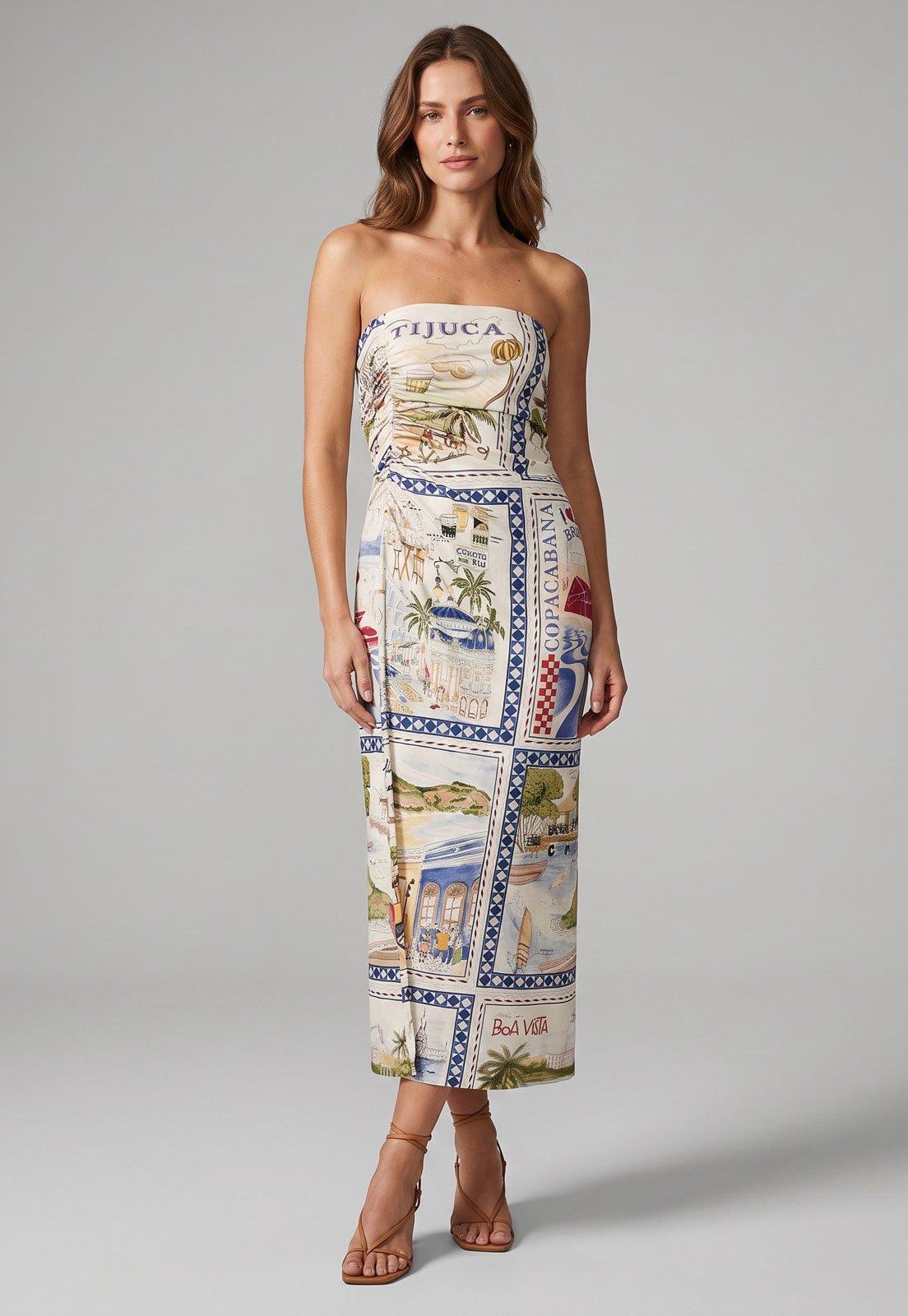 Vestido FARM Midi Estampado Strapless Bege