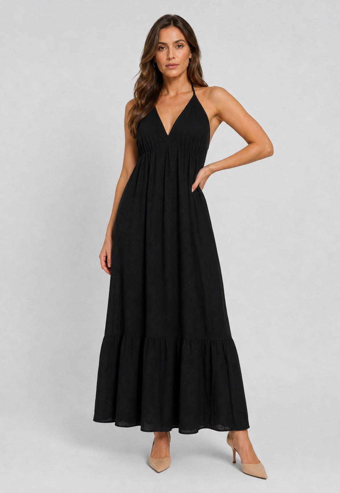 Vestido Feminino Lança Perfume Longo Alças Finas Preto