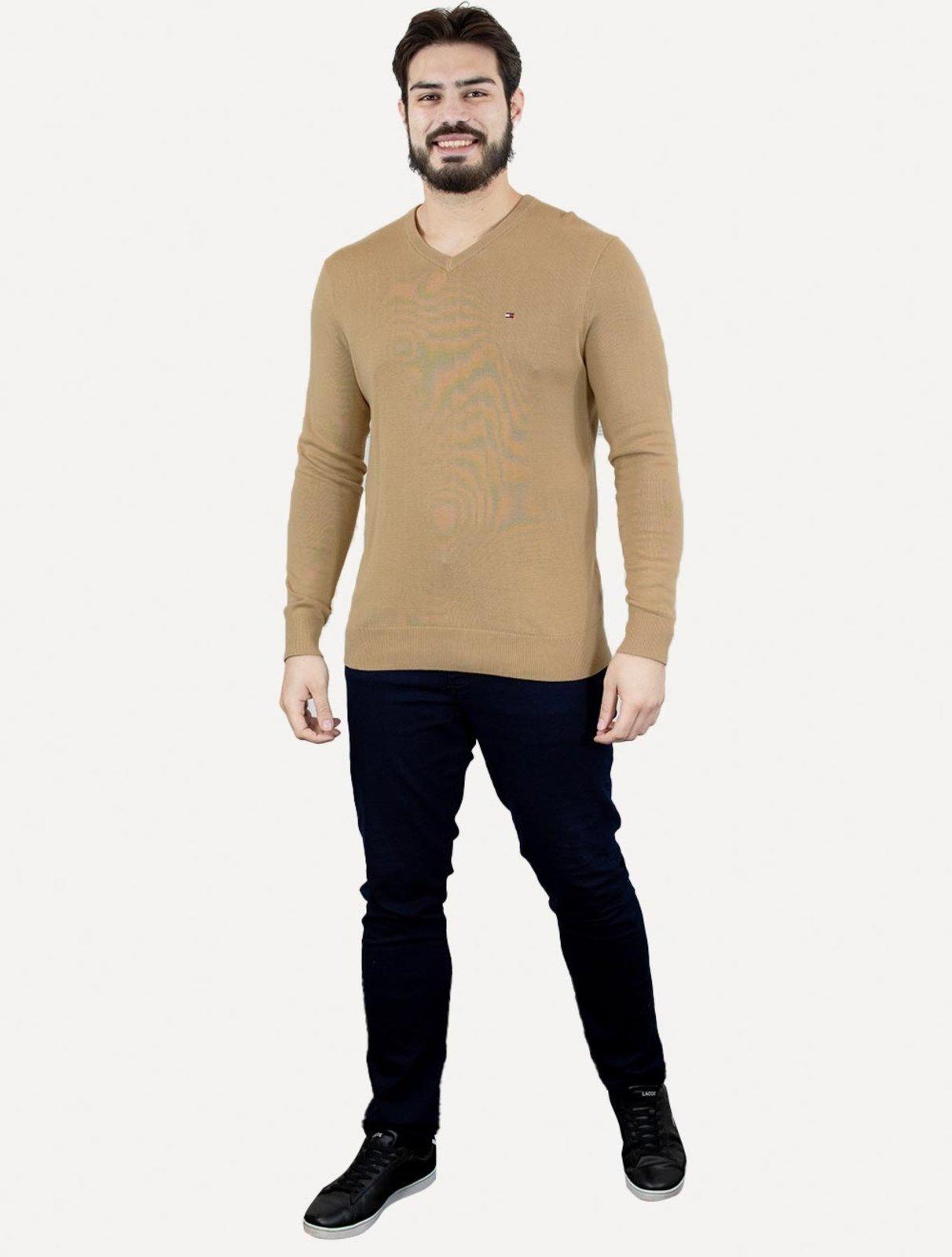 Suéter Tommy Hilfiger Masculino Cwewneck Essential Cotton Cáqui
