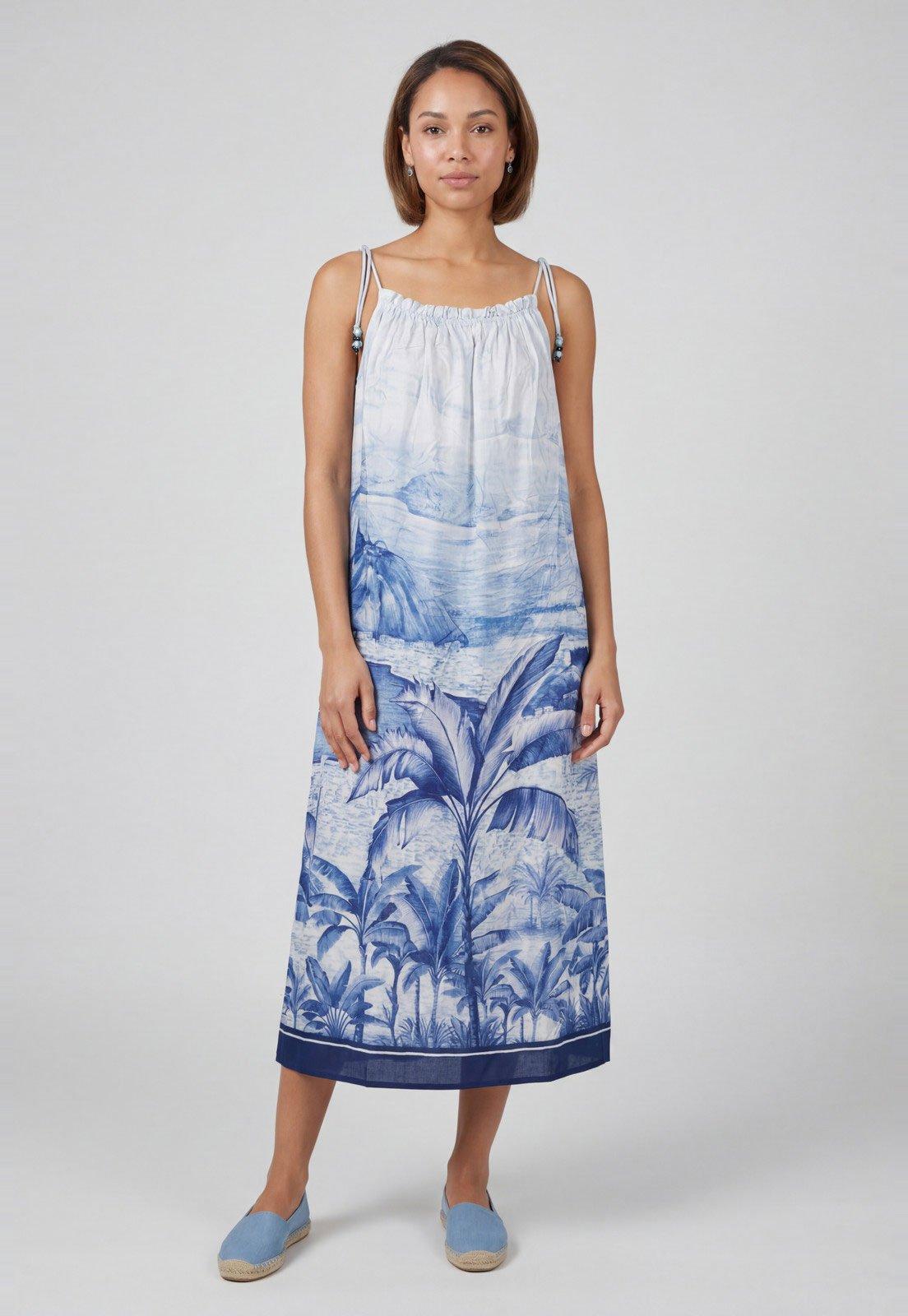 Vestido Feminino FARM Midi Alças Finas Estampado Azul