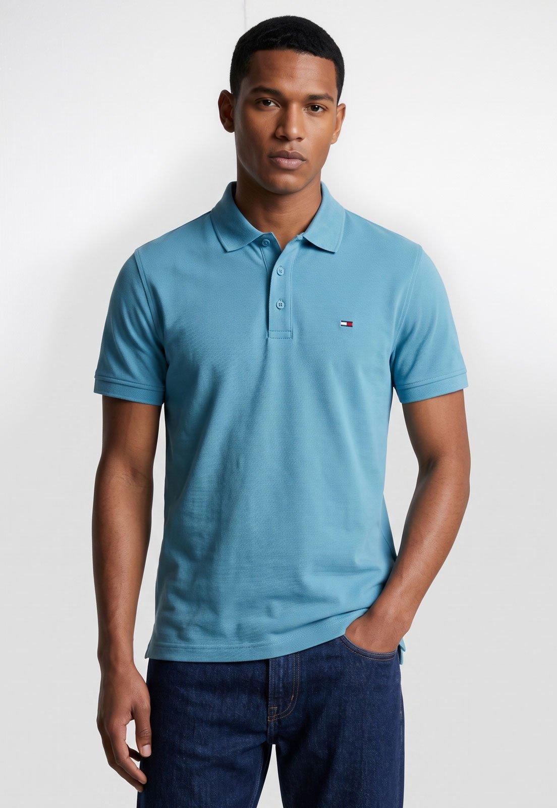 Polo Masculina Tommy Jeans Placket Azul Claro
