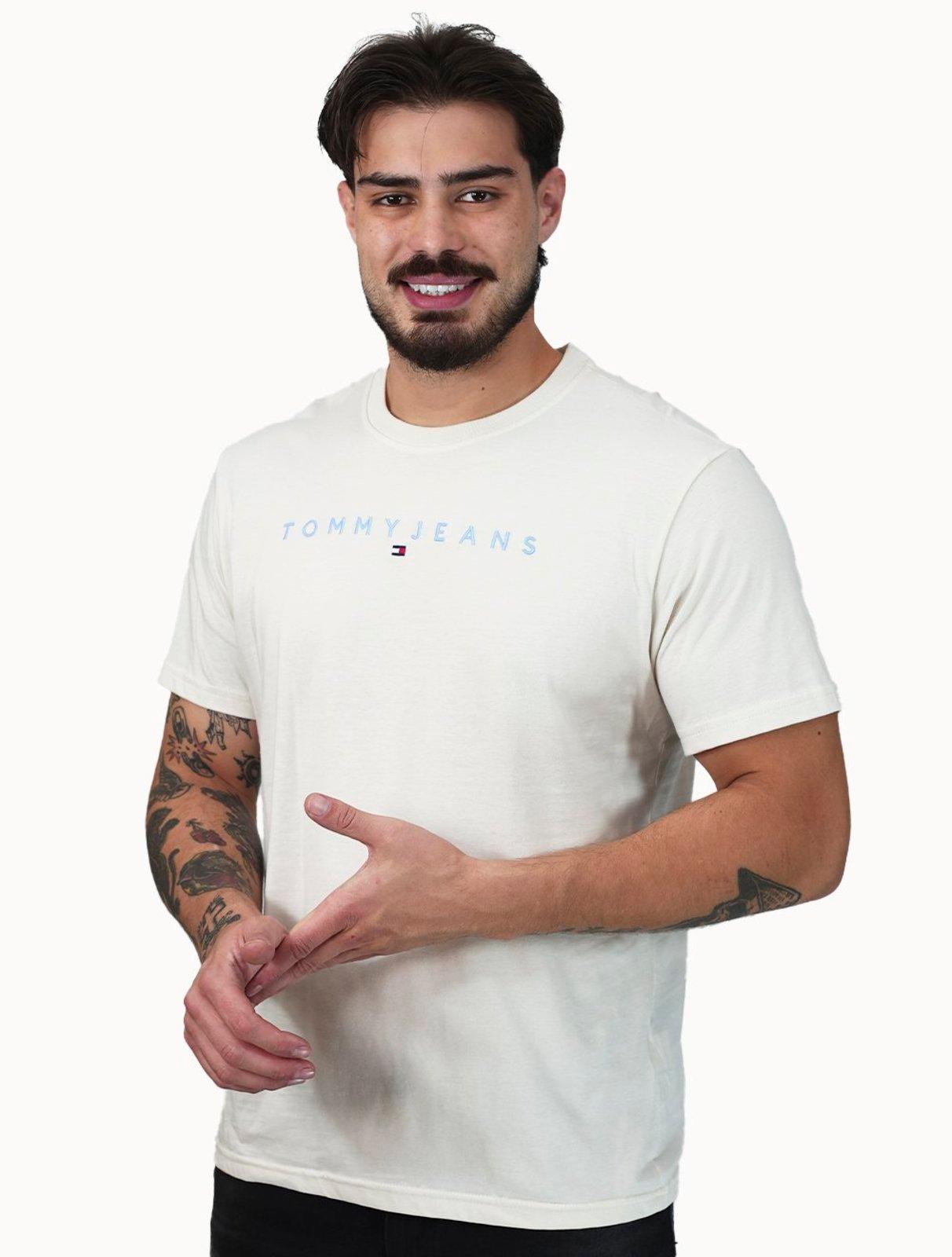 Camiseta Tommy Jeans Masculina Core Linear Blue Logo Off White