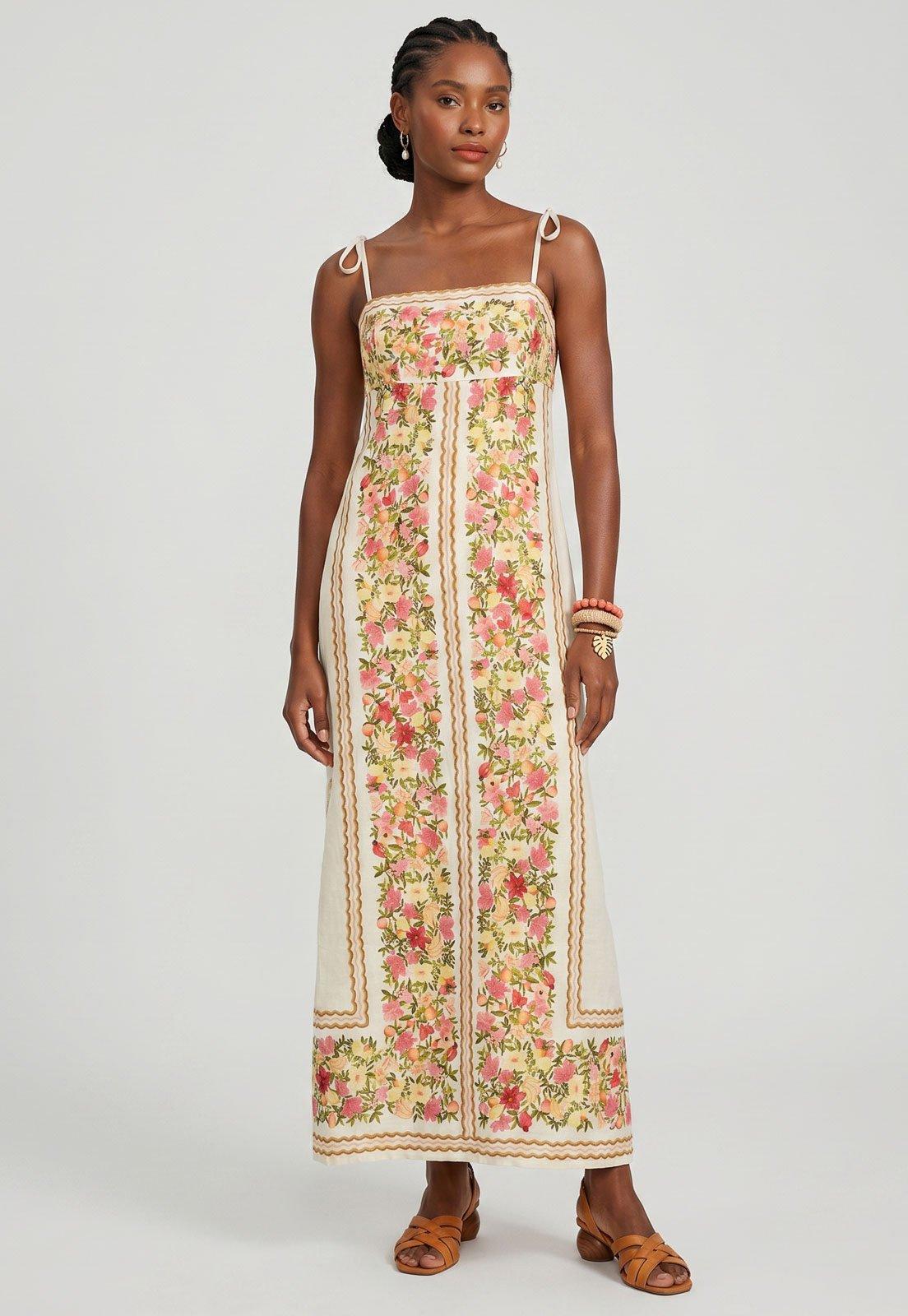 Vestido Longo FARM Estampa Floral Bege