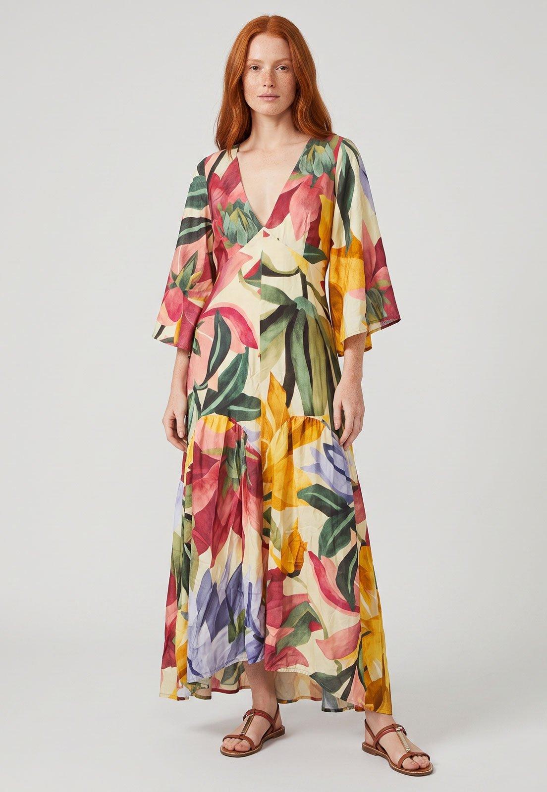 Vestido Feminino FARM Longo Floral Bege