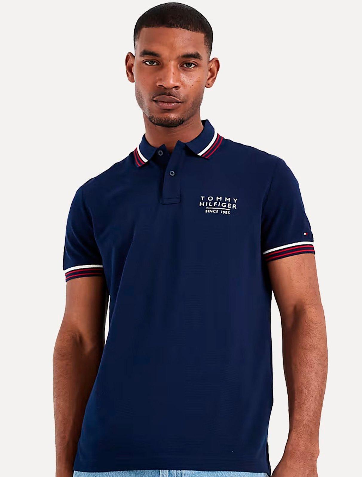 Polo Tommy Hilfiger Masculina Regular Stripe Collar Cuff Detail Azul Marinho