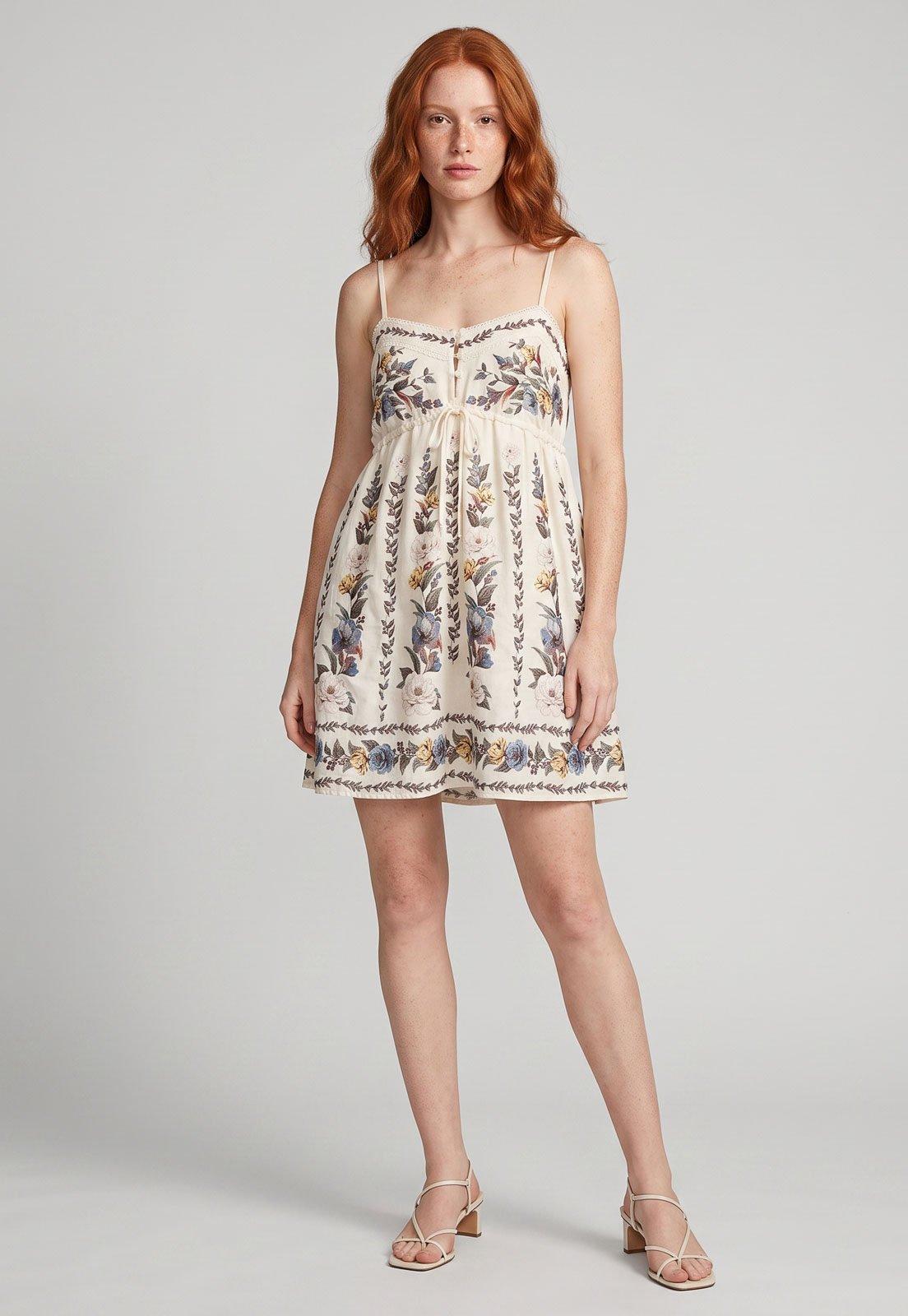 Vestido FARM Alças Finas Floral Off White