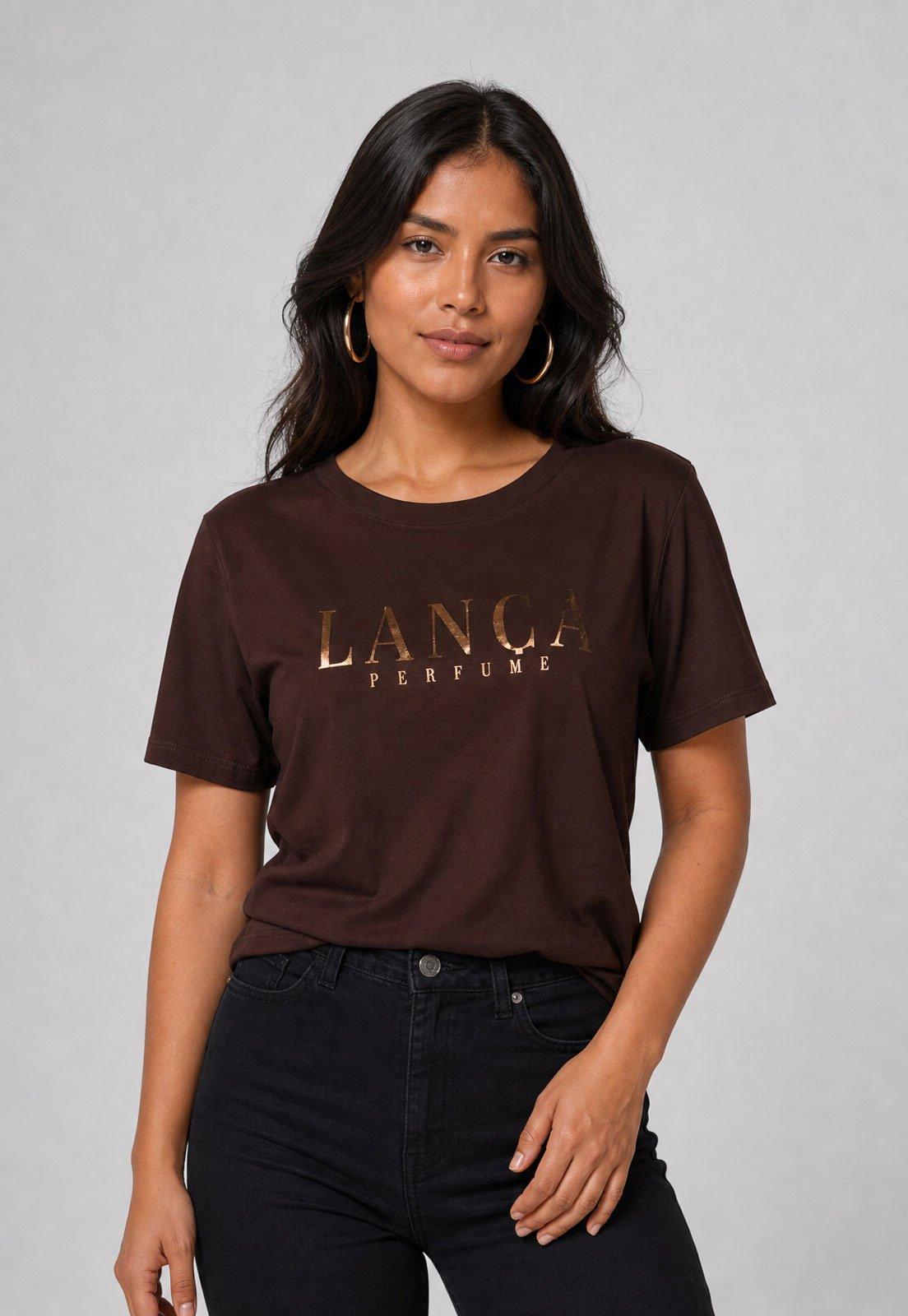 Camiseta Feminina Lança Perfume Logo Metálico Marrom
