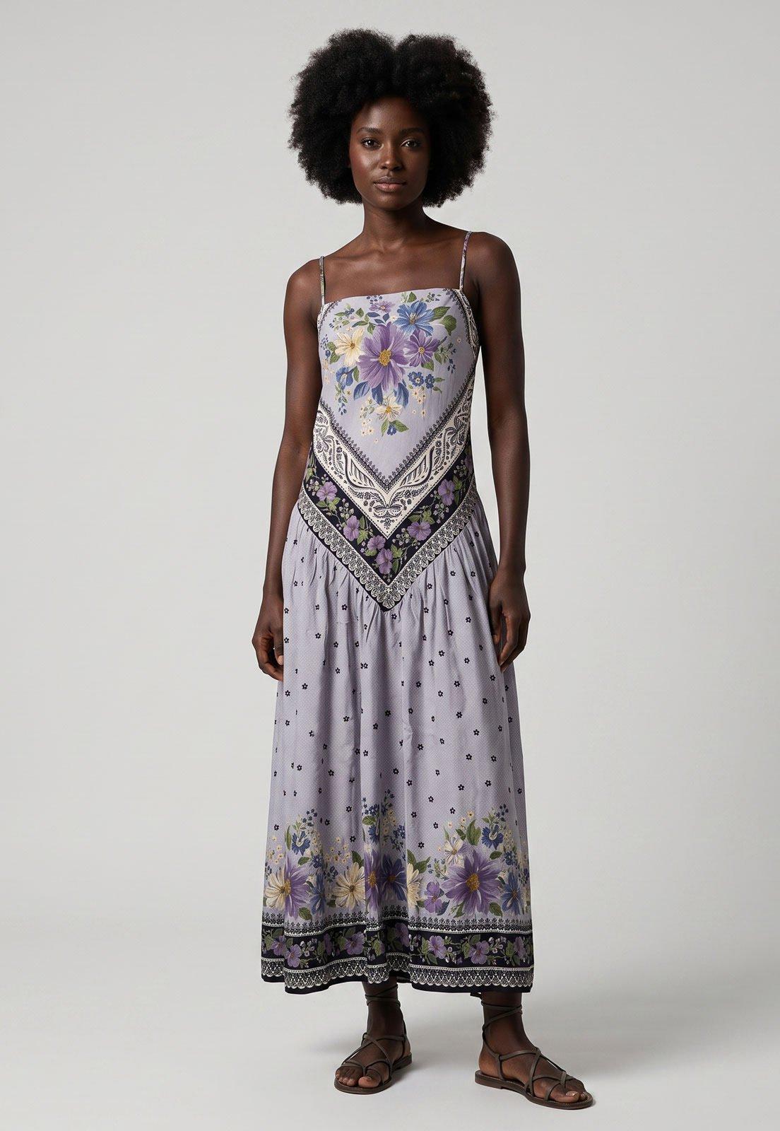 Vestido Feminino FARM Floral Alças Finas Lilás