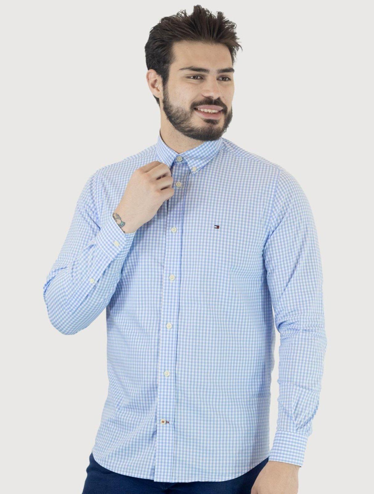 Camisa Tommy Hilfiger Masculina Xadrez Gingham Branca/Azul