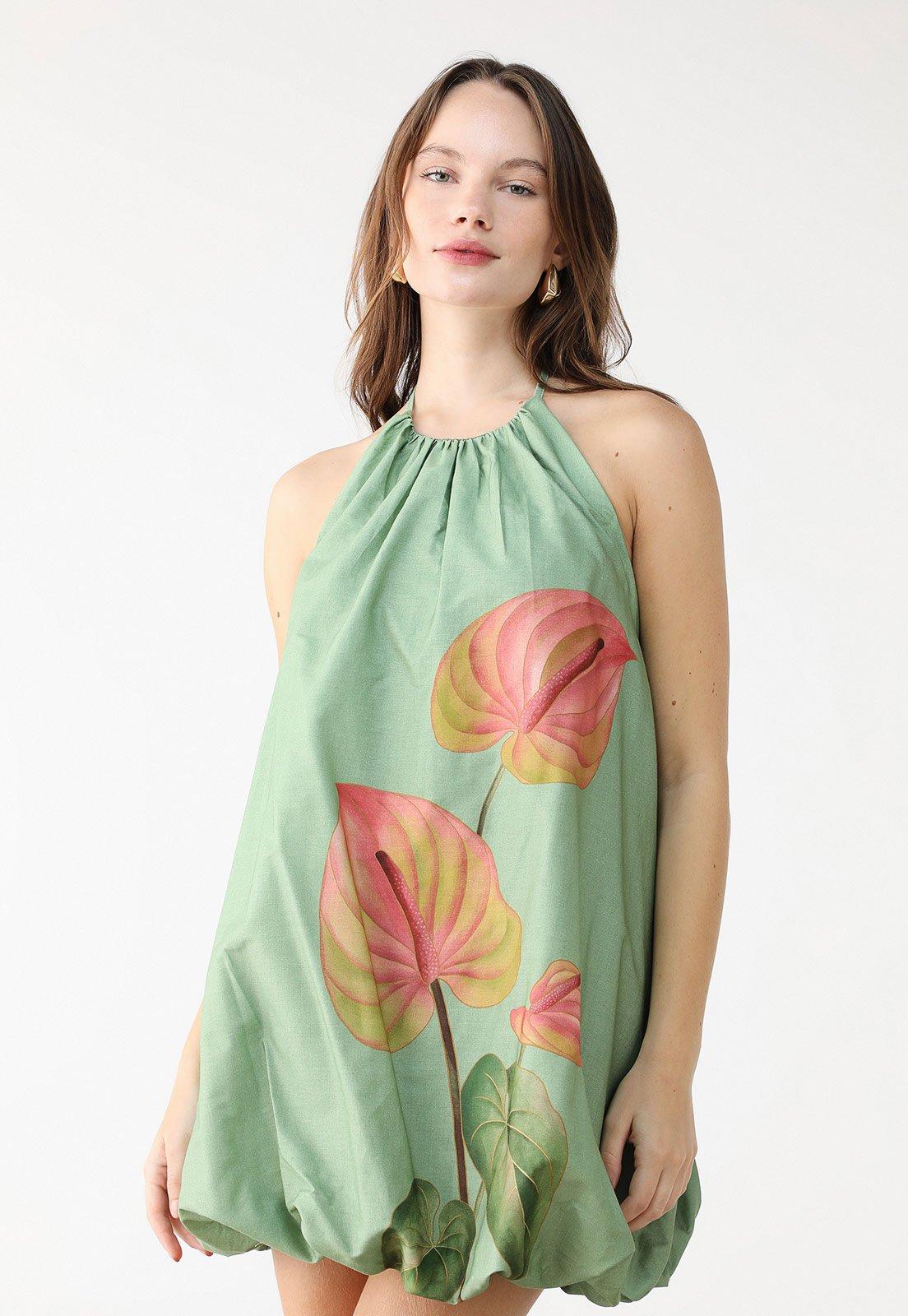 Vestido Frente Única FARM Curto Balonê Anturio Verde