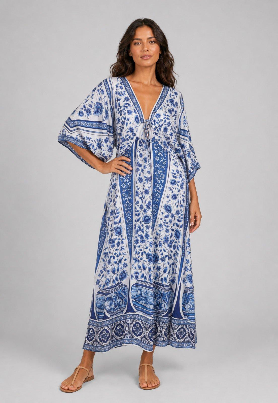 Vestido Feminino FARM Midi Estampa Floral Azul