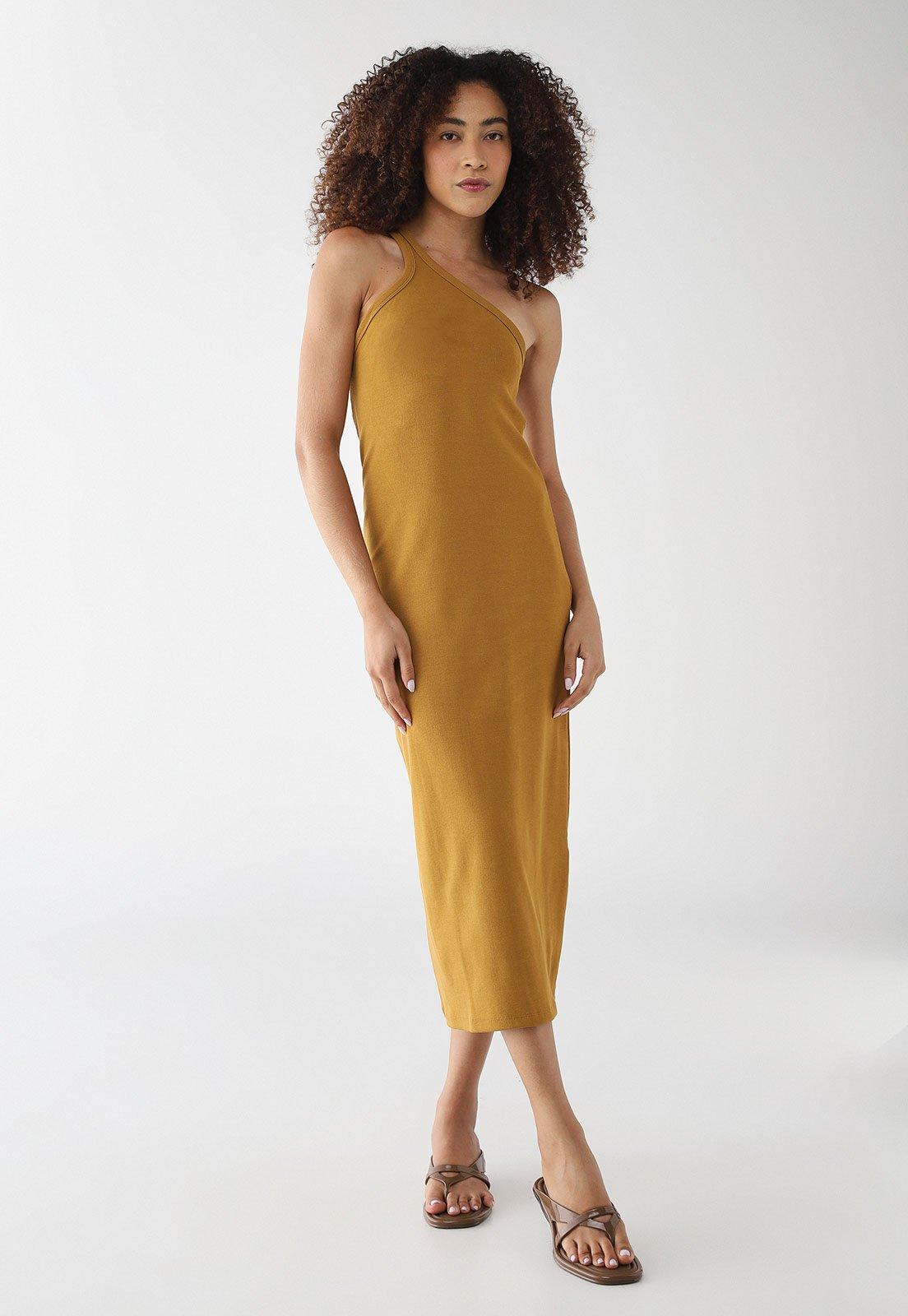 Vestido Feminino Colcci Um Ombro Só Midi Mostarda