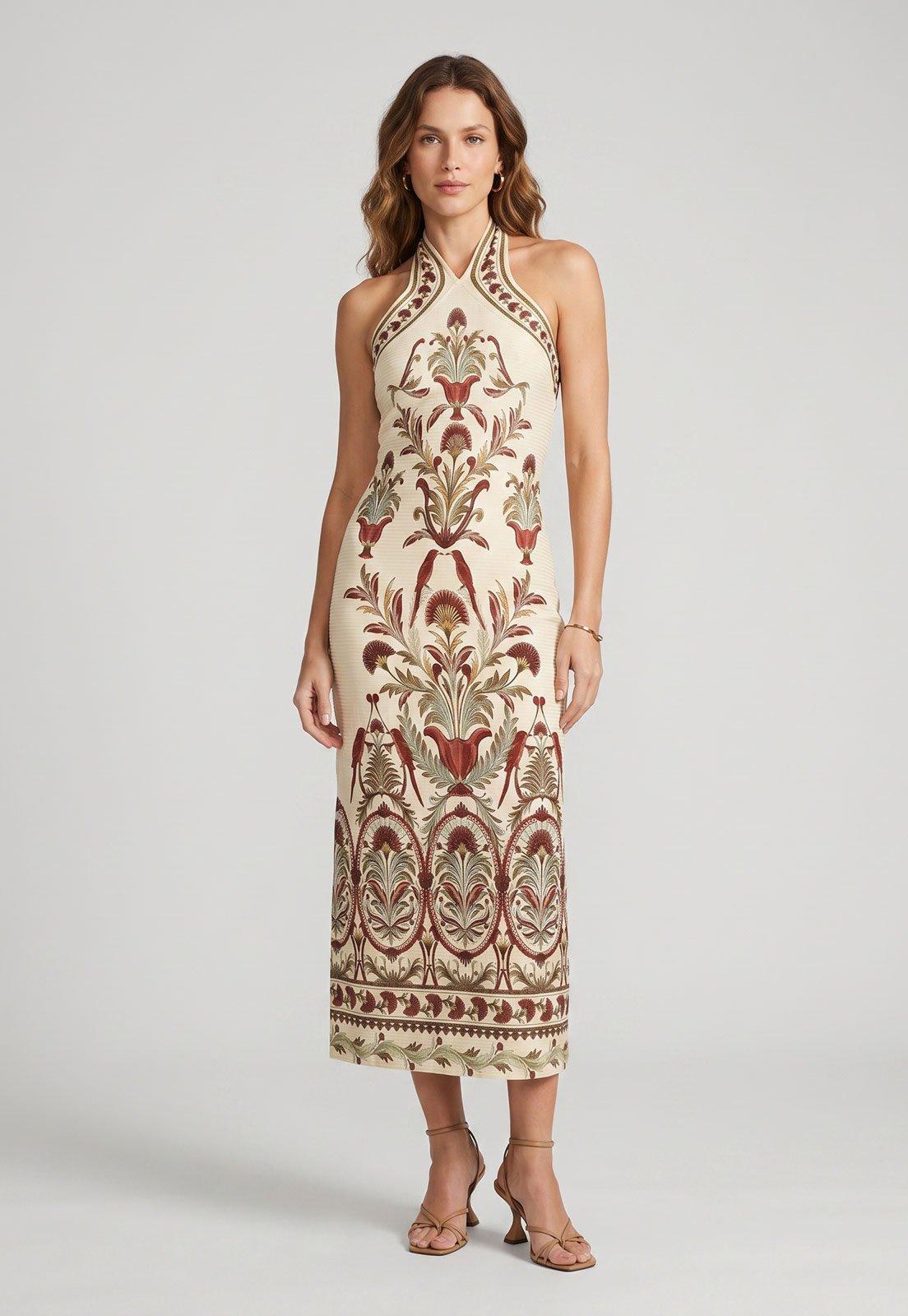 Vestido Feminino FARM Alças Largas Estampado Off-White