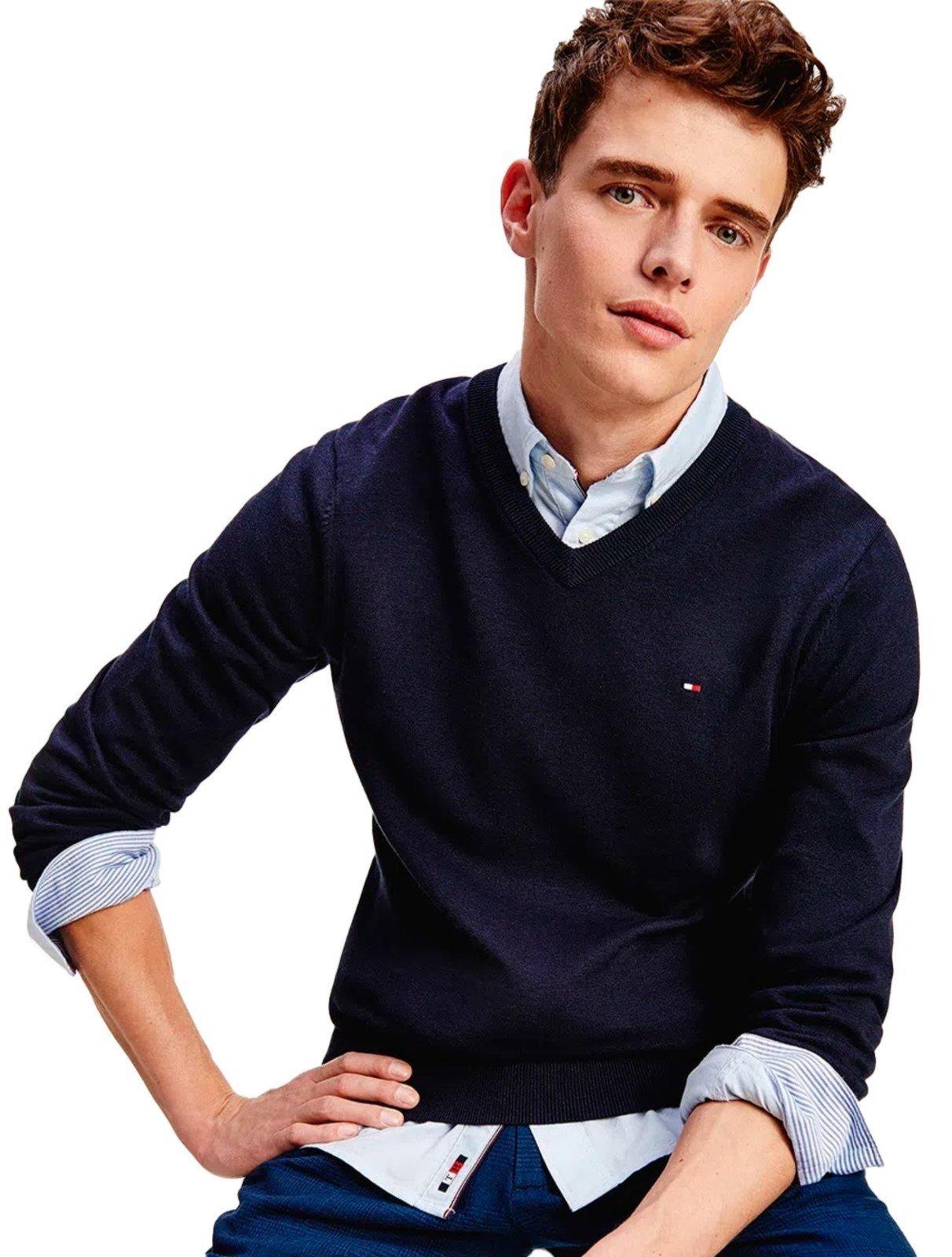 Suéter Tommy Hilfiger Masculino Signature V-Neck Azul Marinho