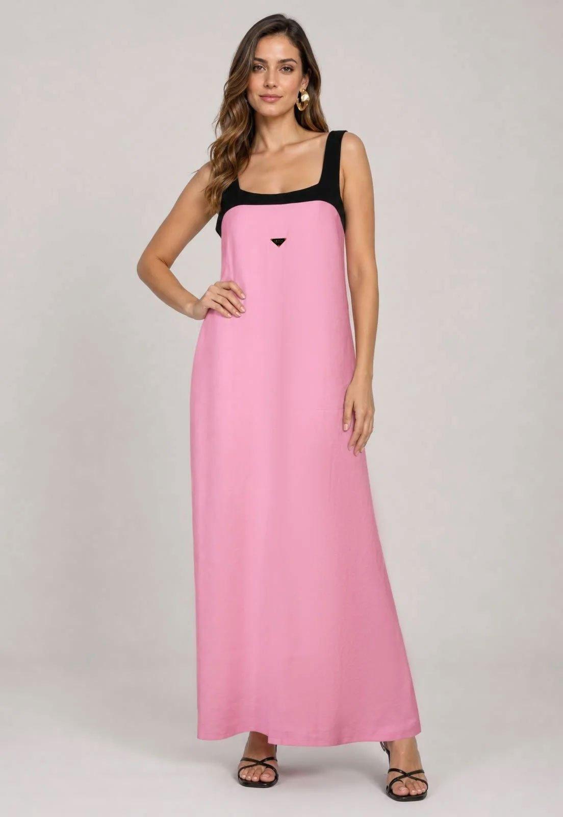 Vestido Feminino Lança Perfume Longo Decote Quadrado Rosa