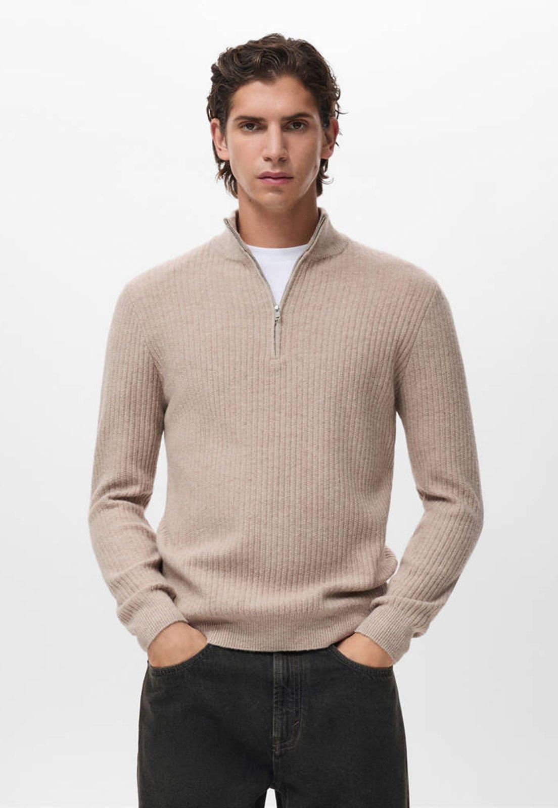 Suéter Masculino Mango Canelado Gola Alta Zíper Bege