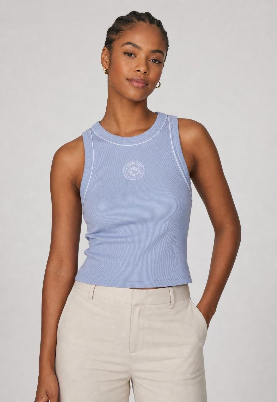 Regata Feminina FARM Cropped Alça Larga Azul
