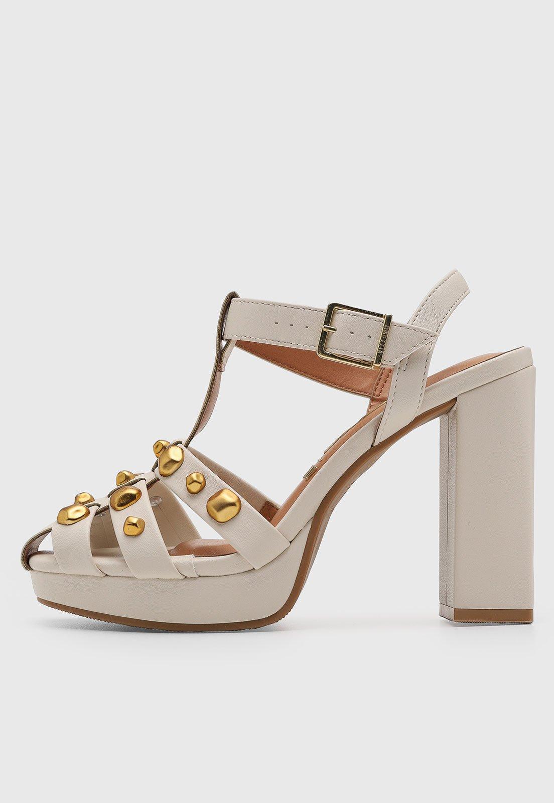 Sandália Feminina Vizzano Salto Bloco Tachas Off-White